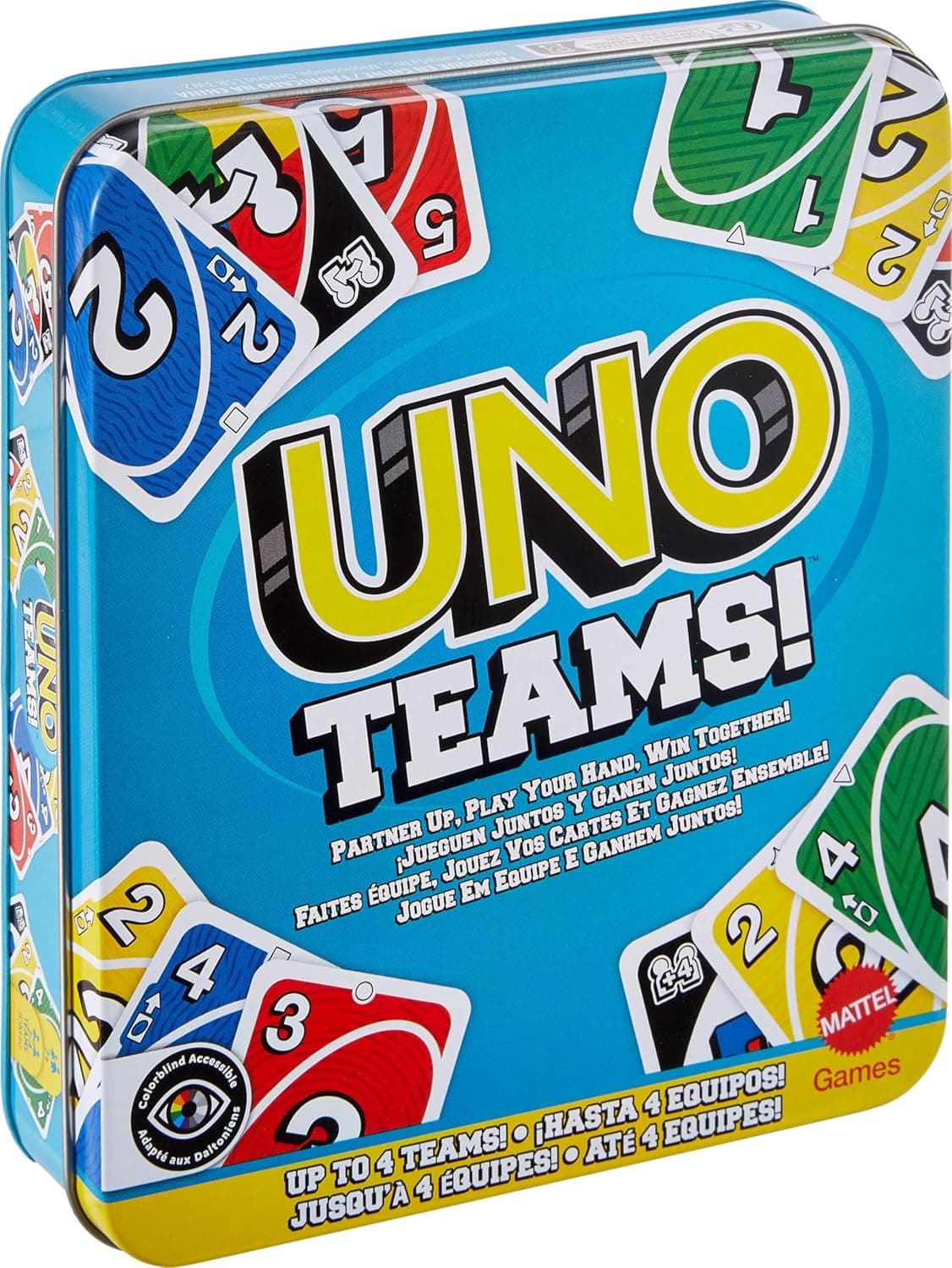 Mattel Games UNO Teams Jogo de cartas para meninos, meninas e adultos, noites em família, festas e viagens, com regras especiais para jogar em equipas de duas pessoas, JDM40