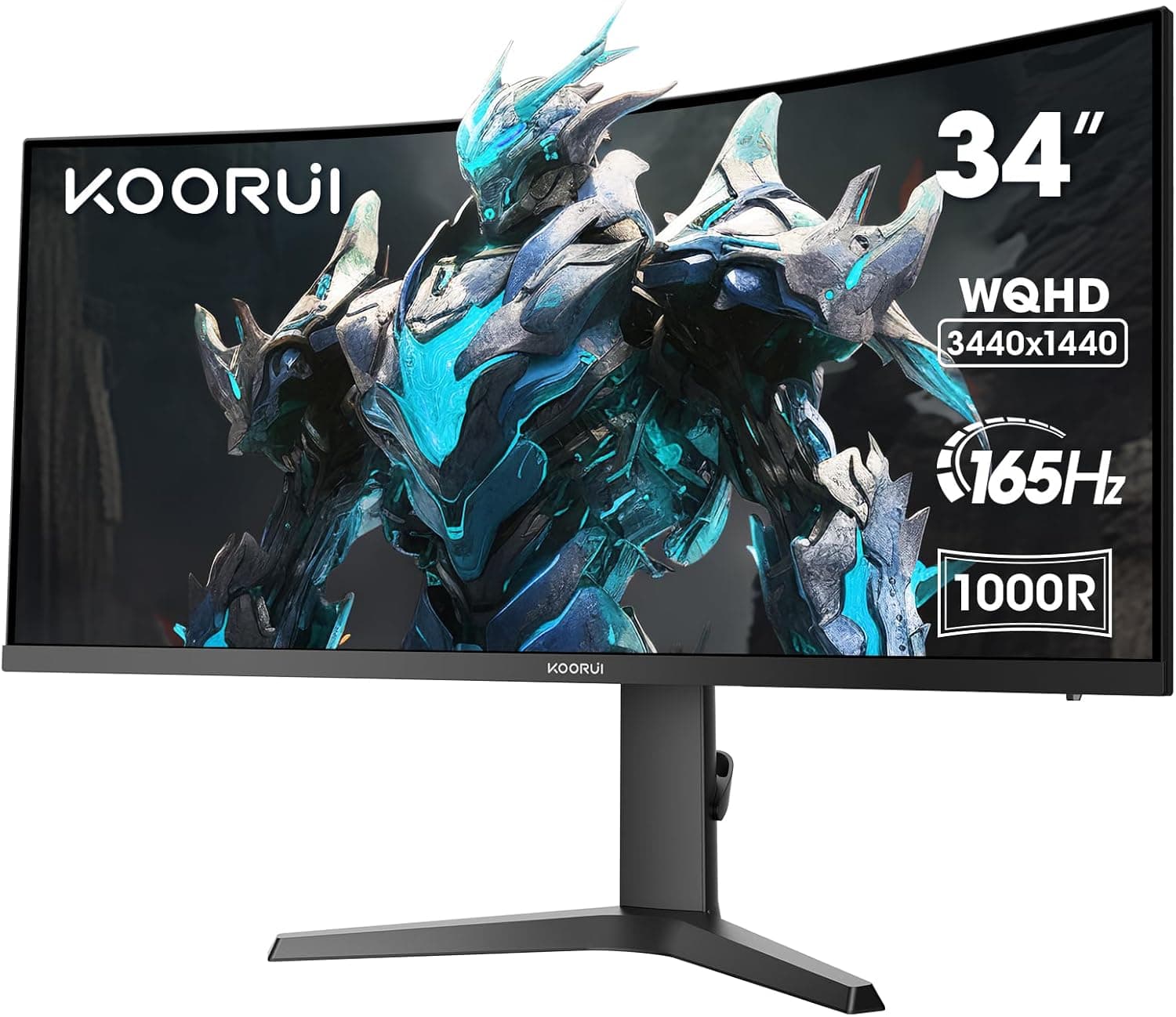 KOORUI Monitor UltraWide curvo de 34", UWQHD 3440 x 1440, 165Hz, 1 ms, 21:9, HDR400, 3000:1, 1000R, DCI-P3 90%, adaptador Sync, 2 x HDMI, Display Port, VESA 75  75mm