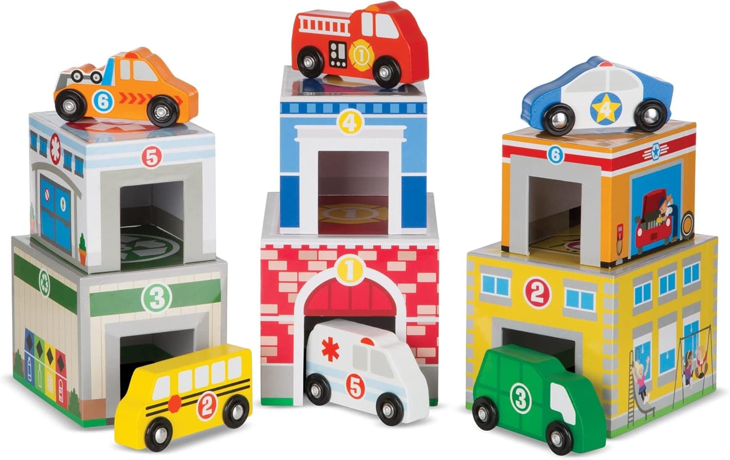 Melissa & Doug Conjunto de madeira para colocar e classificar edifícios e veículos, brinquedo para desenvolvimento, jogo educativo, carros de madeira, Montessori, presente para meninos e meninas de 3