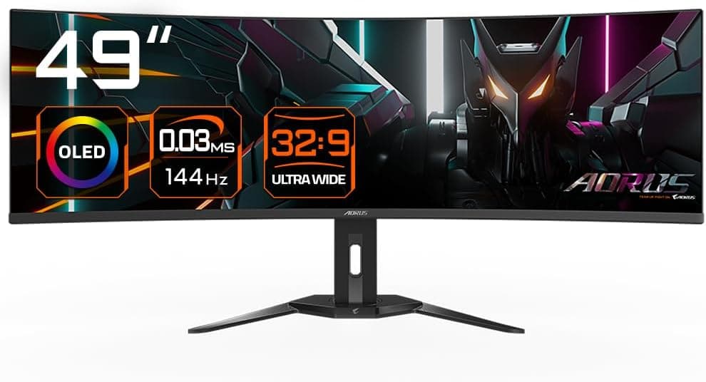 Gigabyte AORUS Monitor de gaming curvo CO49DQ OLED, 5120 x 1440 (DQHD), 1800R, 144 Hz, 0,03 ms, KVM, FreeSync Premium Pro, HDMI 2.1