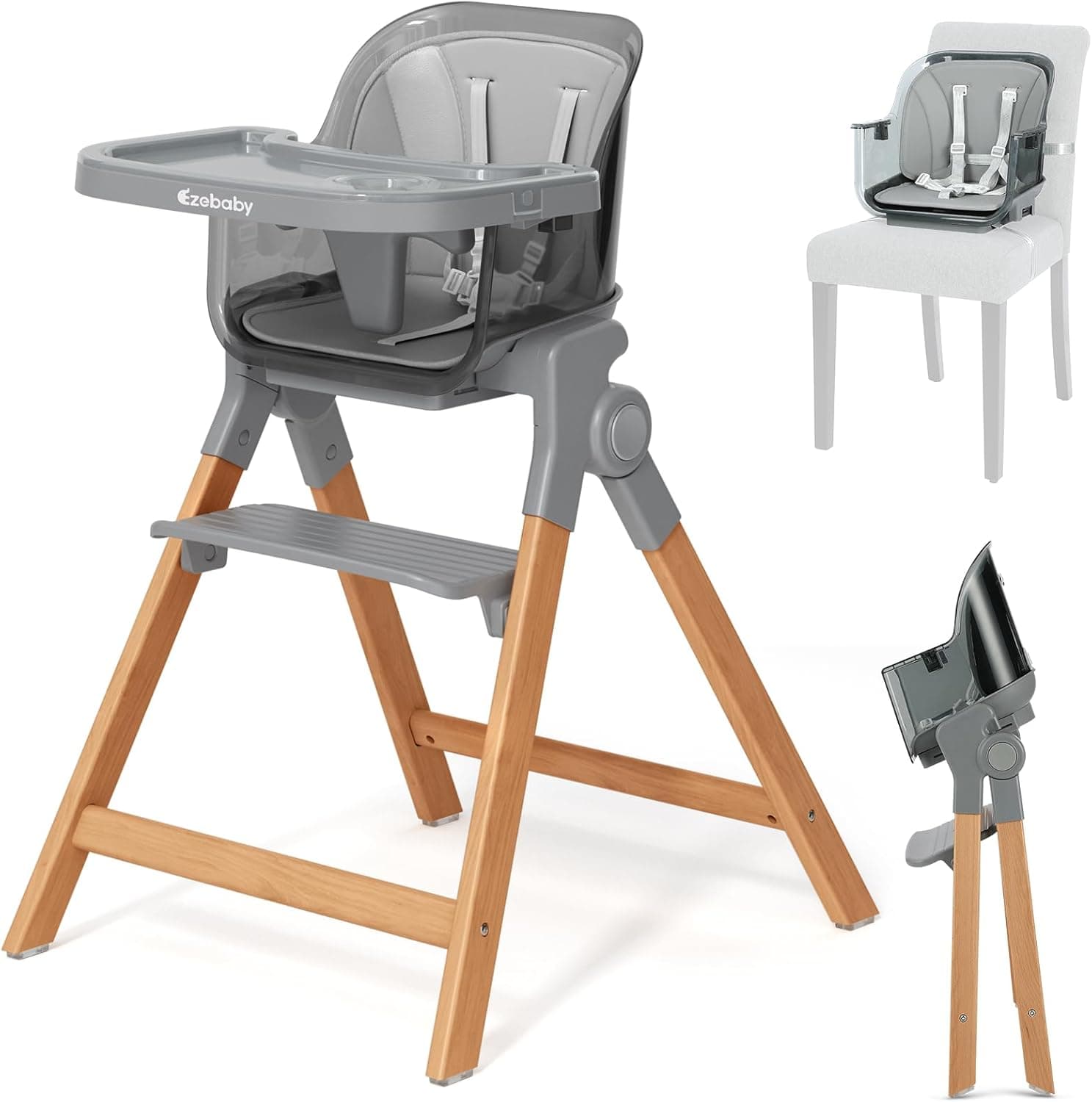 Ezebaby Cadeira de bebé pernas de madeira dobráveis cadeira infantil 4 em 1 cadeira de bebé em crescimento cadeira para crianças a partir de 6 meses com assento de elevação função banco de bar