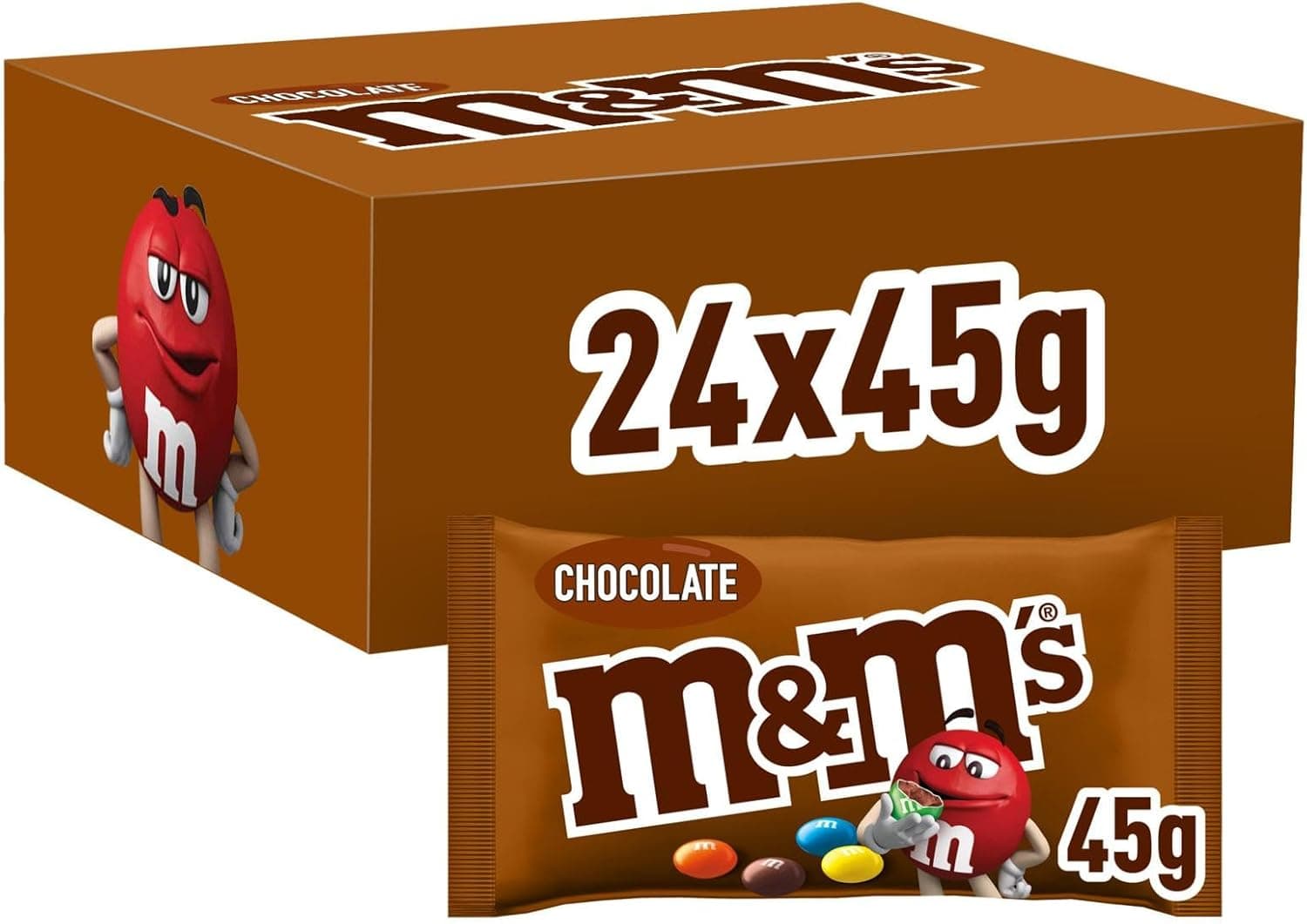 M&Ms Snack em bolinhas de cor de latão com leite (sacos X 45 g), choco, 24 unidades