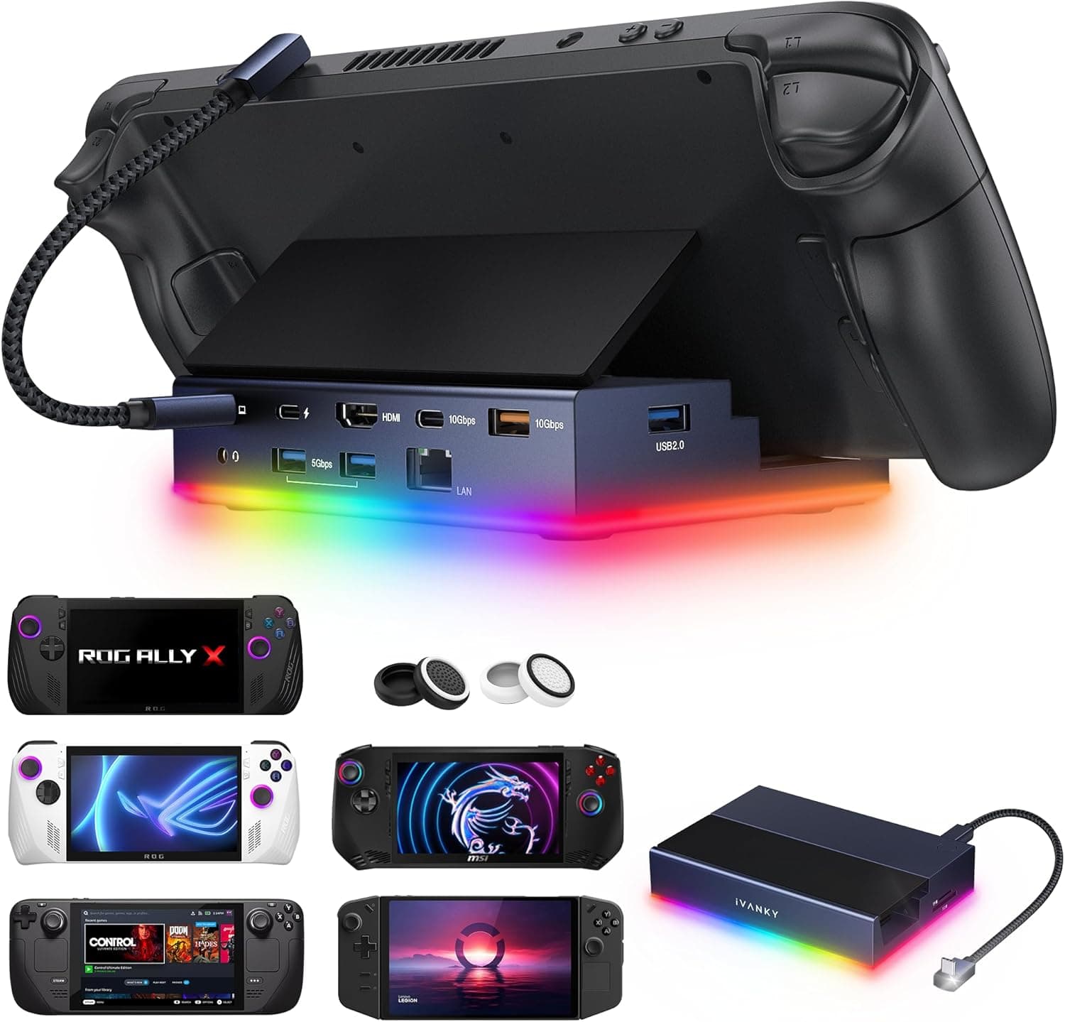 iVANKY 14 em 1 RGB 4K@120Hz Estação de acoplamento para Valve Steam Deck OLED/ASUS ROG Ally X/Legion Go, Dock dobrável com HDMI 2.1, Ethernet Gigabit, USB 3.2 10 Gbps, SD/TF Slot, carregamento de 100