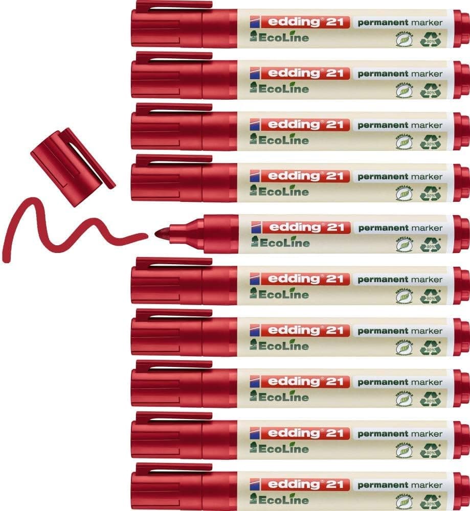 edding 21 marcador permanente EcoLine - vermelho - 10 marcadores - ponta redonda 1,5-3 mm - secagem rápida indelével - resistente à água e aos borrões - cartão plástico madeira metal tecido -