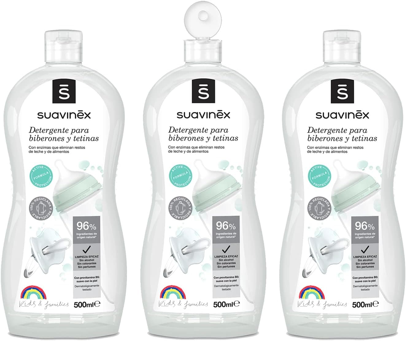 Suavinex, Detergente para biberões e tetinas. Pacote de 3 (500 ml x 3). Limpa biberões, bicos, chupetas e acessórios. Sem perfume. Não deixa resíduos. Textura de gel