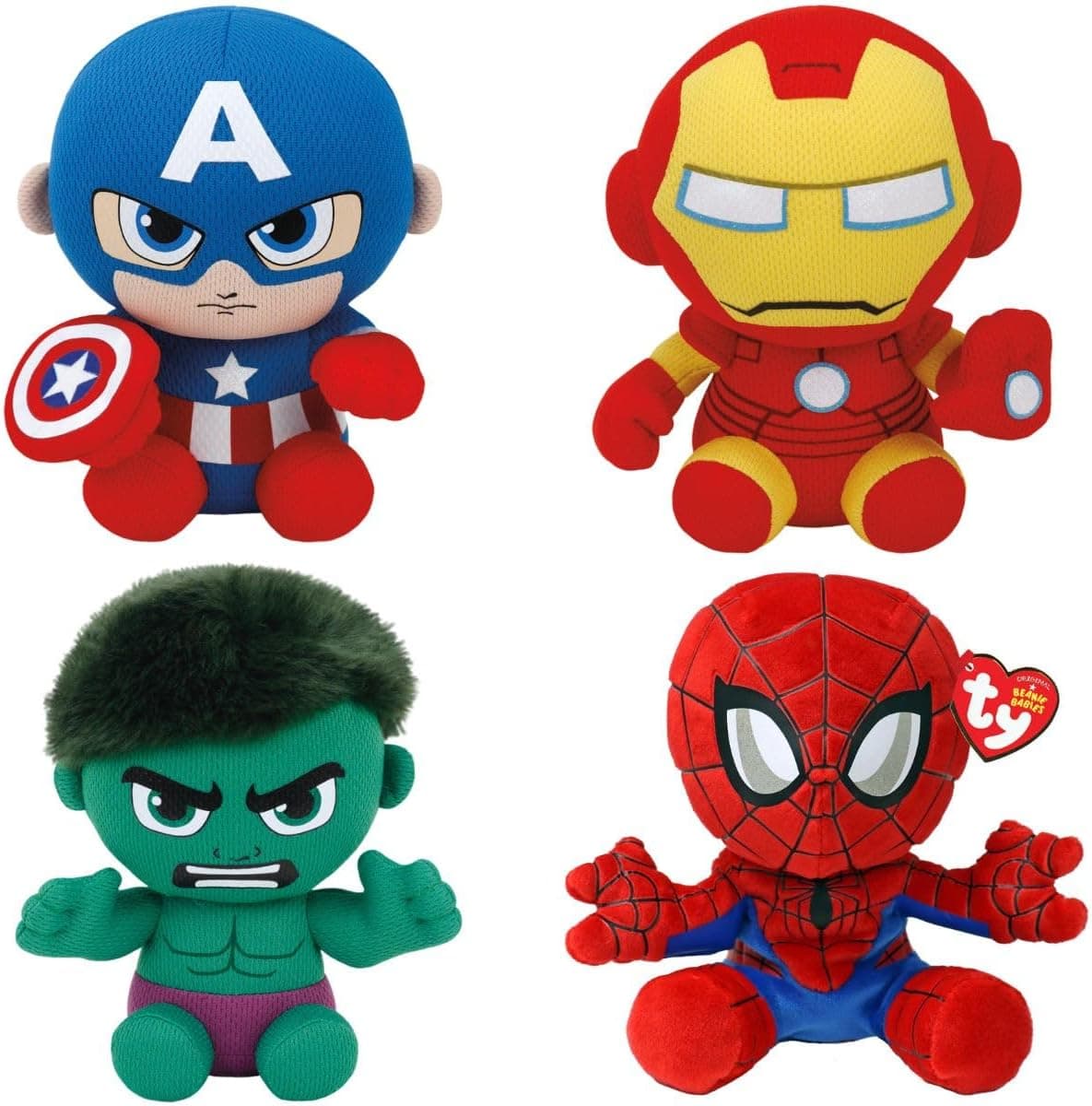 Ty Marvel Sortido de 4 super-heróis, Homem-Aranha, Hulk, Capitão América, todos os seus heróis favoritos na versão suave peluche para colecionar, 20 cm