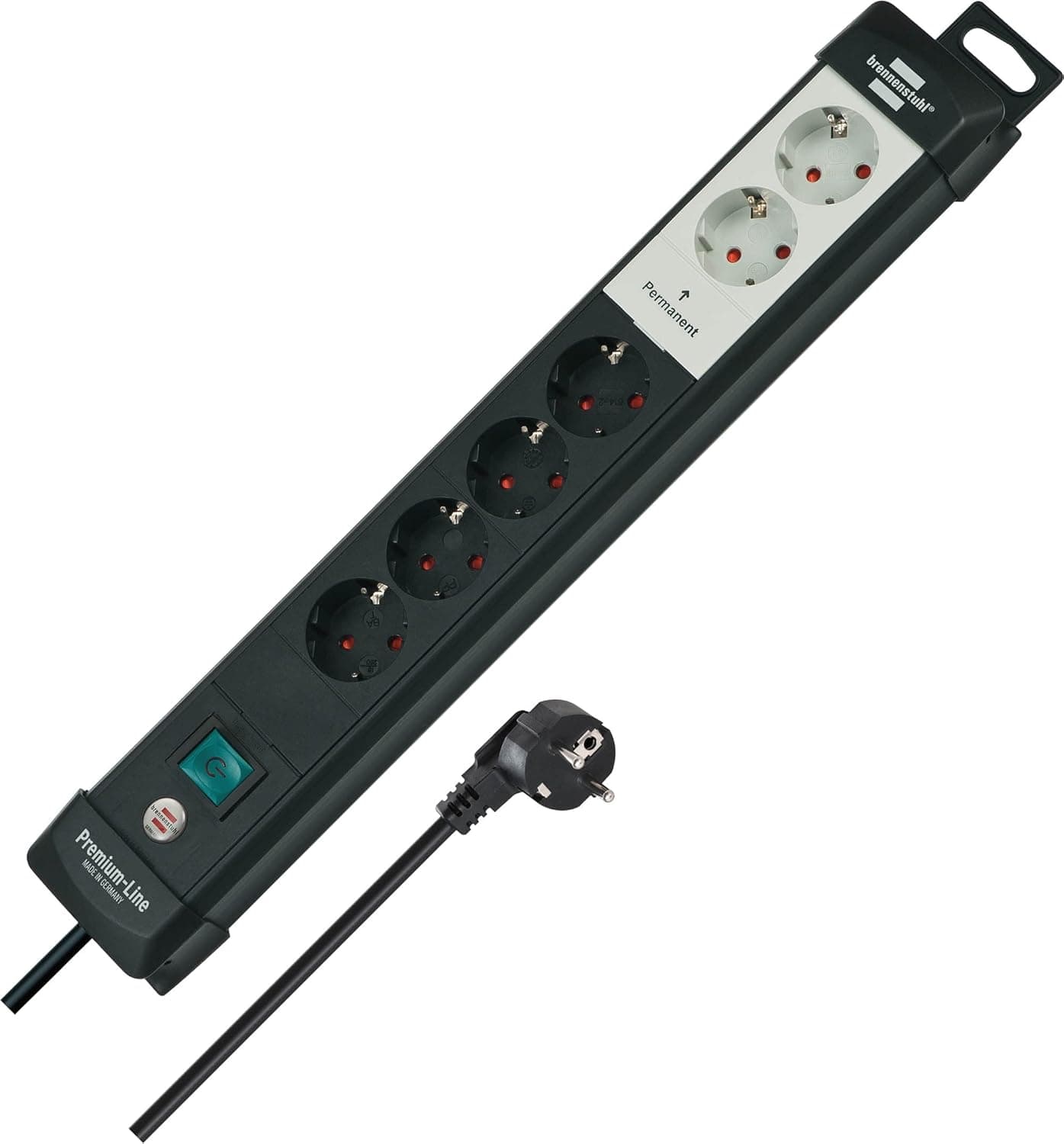 Brennenstuhl Tecnologia premium de 6 tomadas de energia com tomadas permanentes e comutáveis (com interruptor e cabo de 3 m, montável, fabricado na Alemanha) preto / cinzento