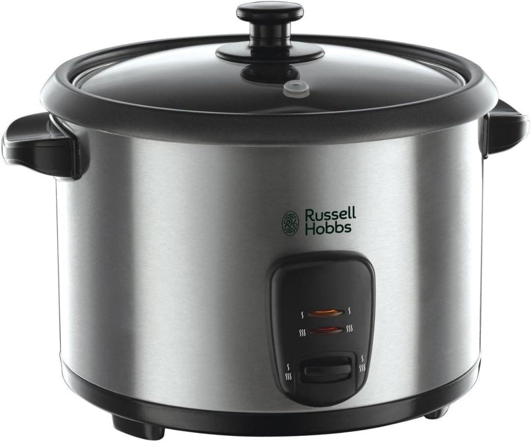 Russell Hobbs Cook@Home de arroz - 1,8 litros, 10 chávenas, bandeja para cozinhar a vapor, função de manter o calor, recipiente anti-aderente, aço inoxidável, tampa de vidro, 700 W - 19750-56