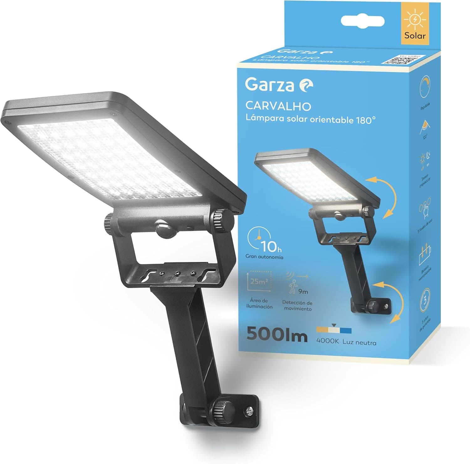 Garza Carvalho Solar Wall Light | Aplique de parede exterior LED solar com sensor de movimento, 3 modos e autonomia até 12 horas
