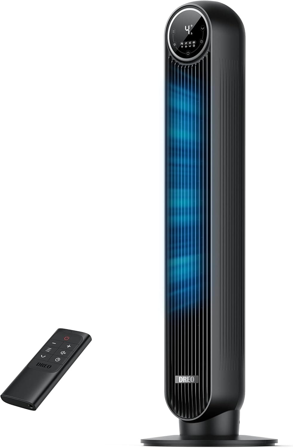 Dreo 20 dB Ventoinha de pé silenciosa, ventiladores de torre com velocidade de 7,6 m/s, 4 velocidades, rotação de 90 °, temporizador de 8 horas, ecrã LED e controlo remoto incluído. Preto