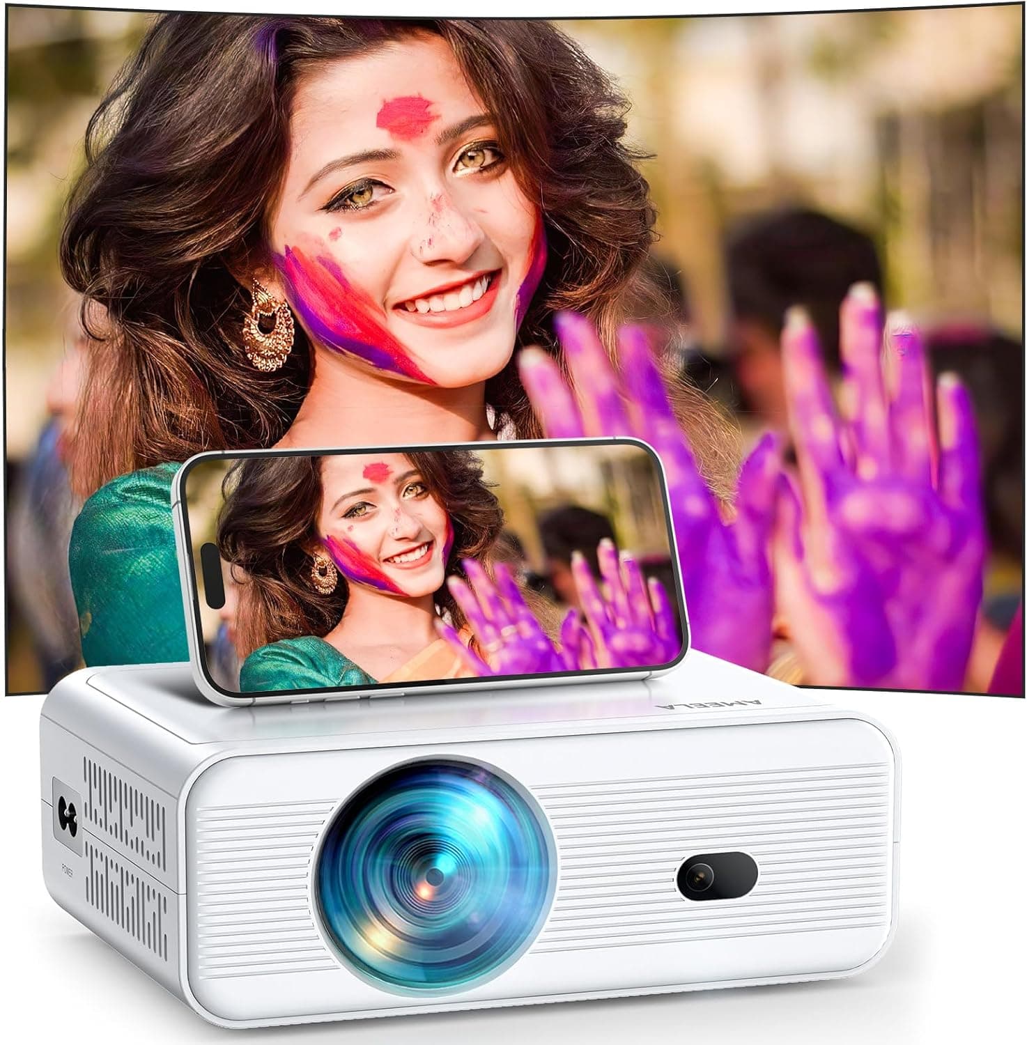 Mini projetor com WiFi e Bluetooth, AMEELA projetor 1080P para filmes, correção trapezoidal, zoom, cinema em casa, projetor portátil compatível com memória TV, USB, HDMI, iOS, Android