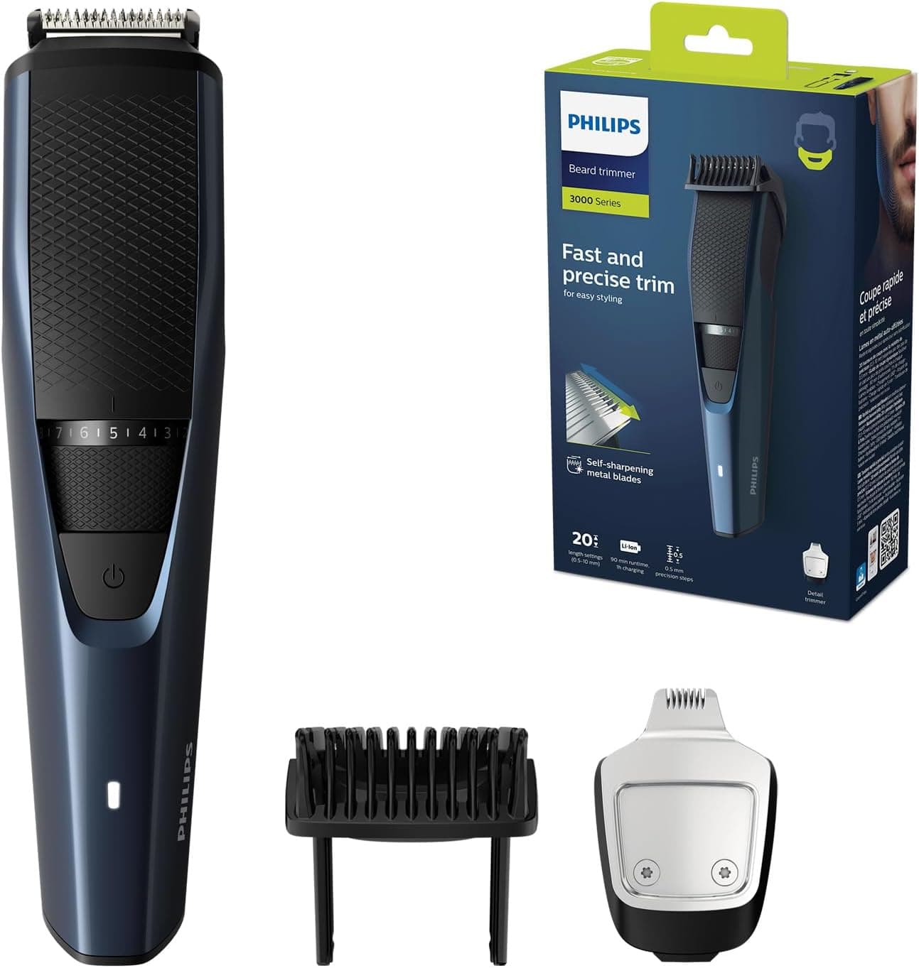 Philips Aparador de barba série 3000 para homens, 20 posições de comprimento, Lift & Trim, com aparador de precisão. 90 minutos de autonomia, sem fios, BT3238/15, azul metal