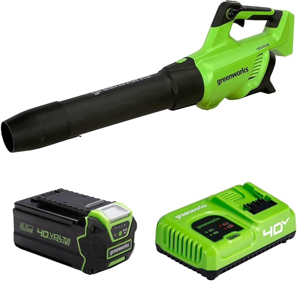 Soprador de folhas axial alimentado por bateria Greenworks 40 V com motor sem escovas, 210 km/h, 15,6 m³/min, baterias de 40 V 2 Ah e carregador