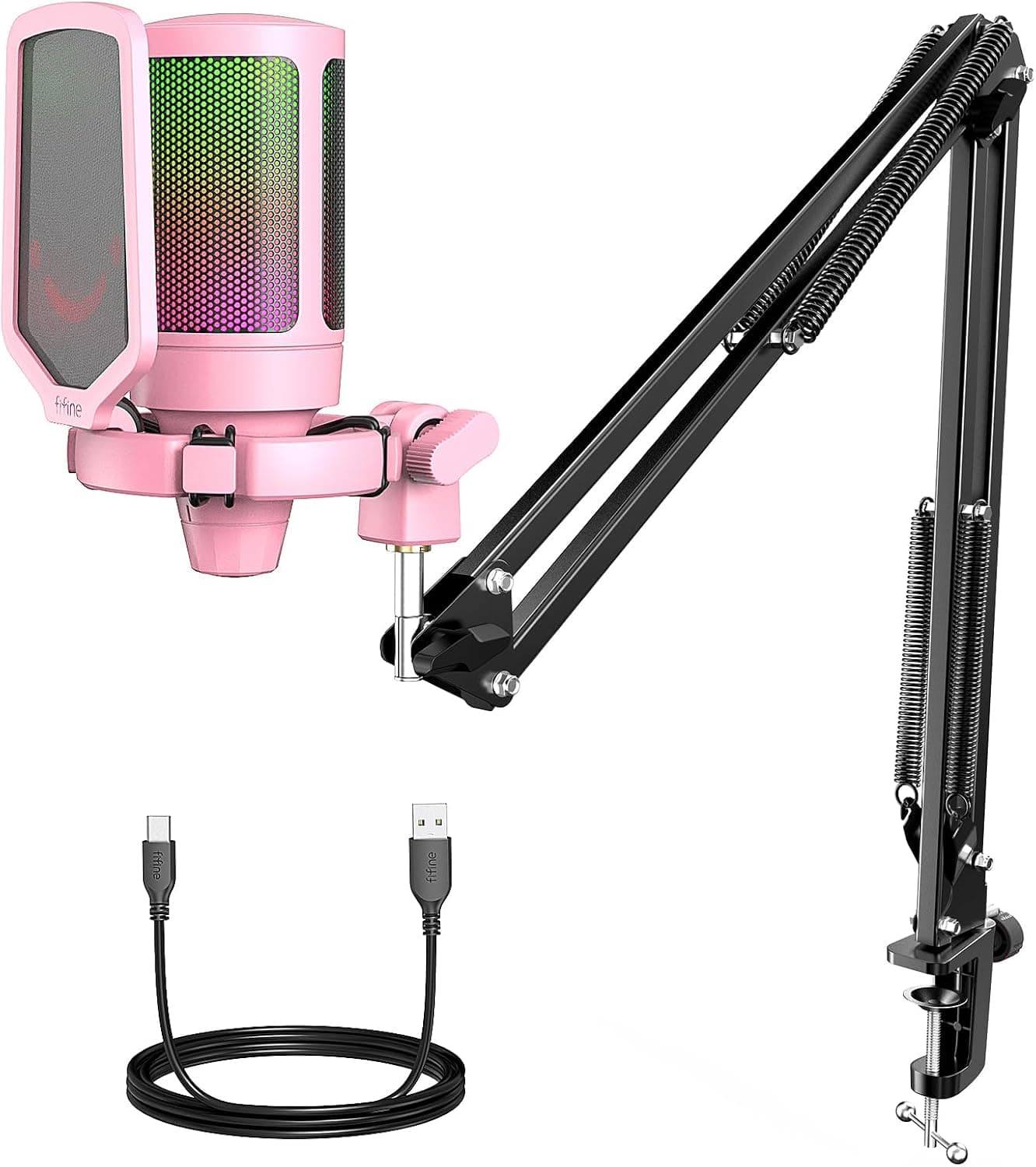 FIFINE Gaming | Microfone condensador USB com luz RGB, botão mute, filtro anti-pop e braço articulado para PC e consolas
