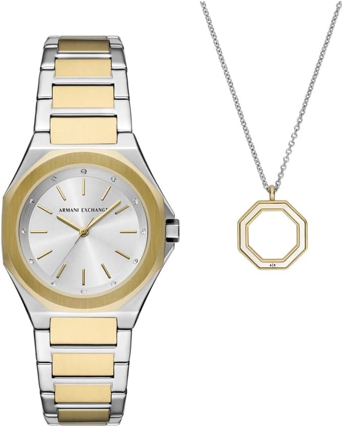 Armani Exchange relógio de senhora com movimento de quartzo, caixa de 34 mm e bracelete em aço + colar (prateado)