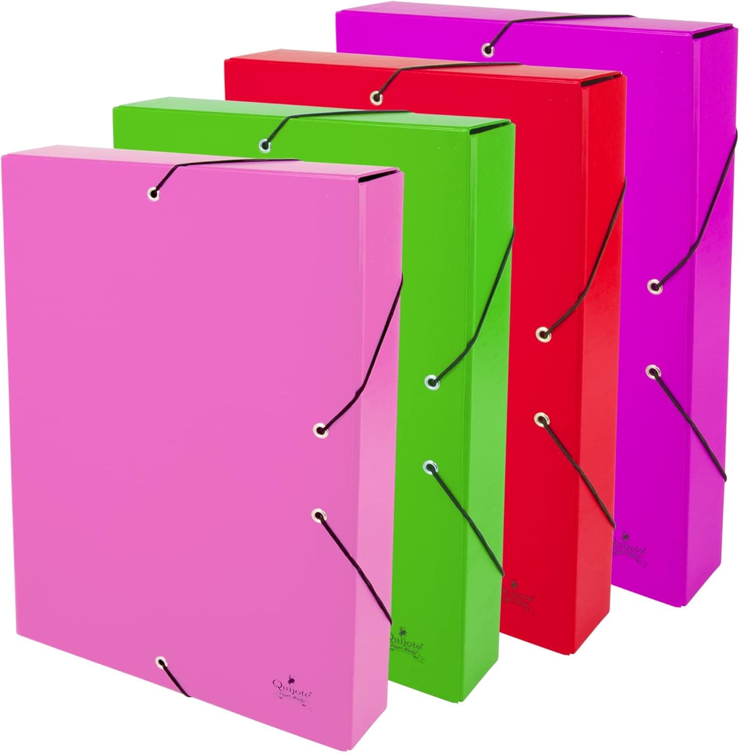 Quijote Paper World | Conjunto de 4 pastas organizadoras A4 em cores néon com lombada 5 cm e elásticos