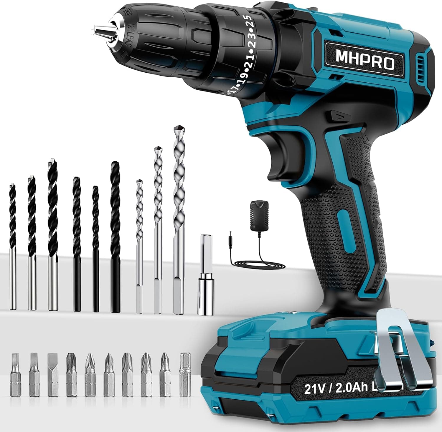 MHPRO Broca Percutor a bateria 21 V, broca parafuso de ateria, 42 N.m parafuso elétrico com bateria 2,0 Ah, 25 + 3 ajuste de par, 24 acessórios, 2 velocidades, luz LED para casa, bricolage