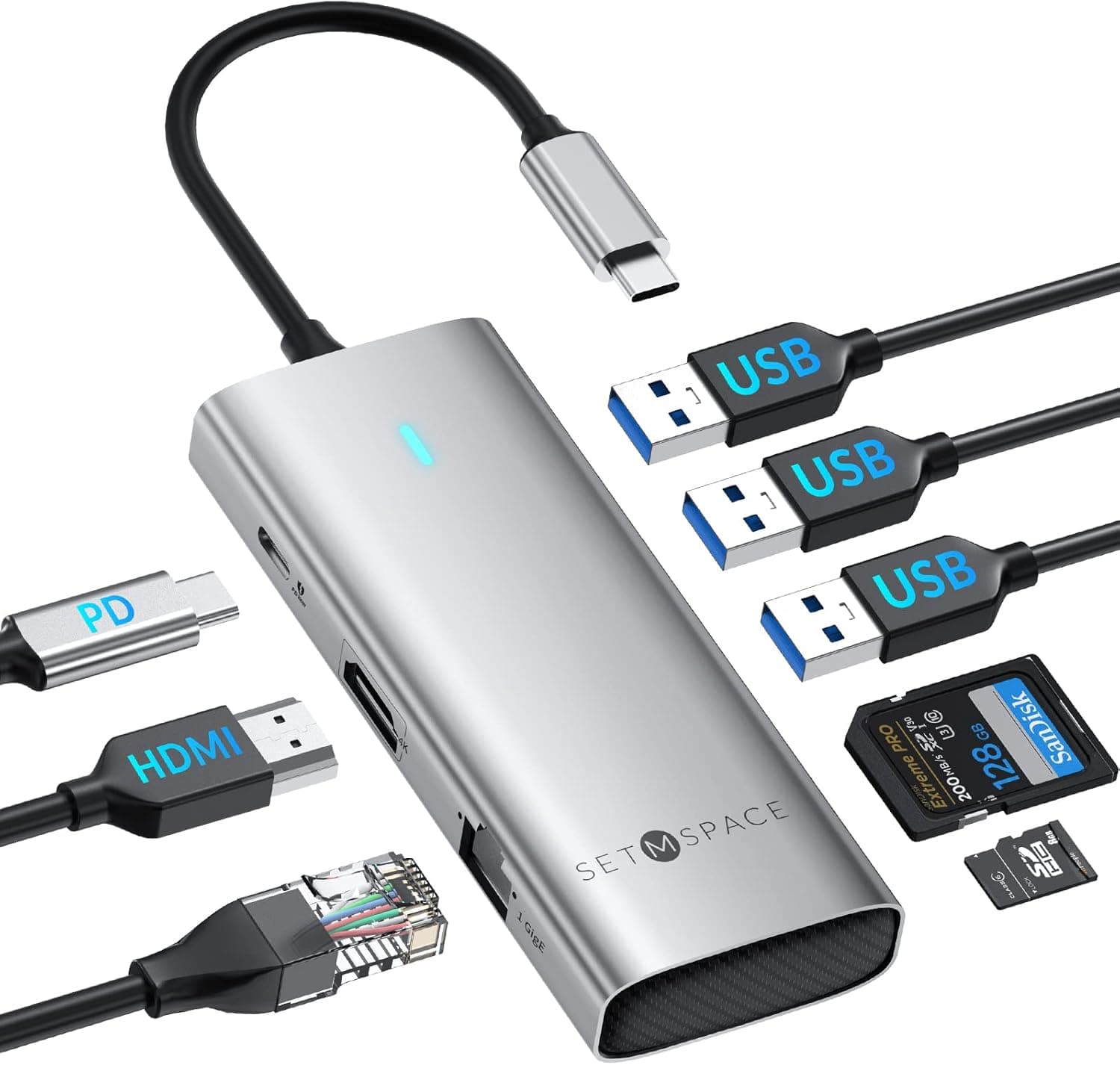 SETMSPACE Docking Station 8-in-1 | Estação de acoplamento USB-C com HDMI 4K, Ethernet, carregamento PD 100W e leitor de cartões SD