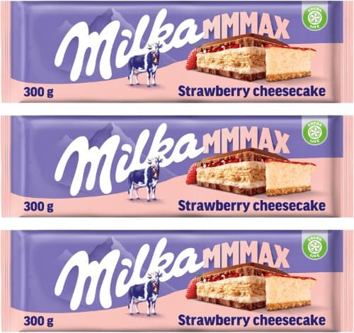 Milka MMMAX Tablet grande de chocolate com leite dos alpes com recheio de cheesecake de morango, 300 g x 3