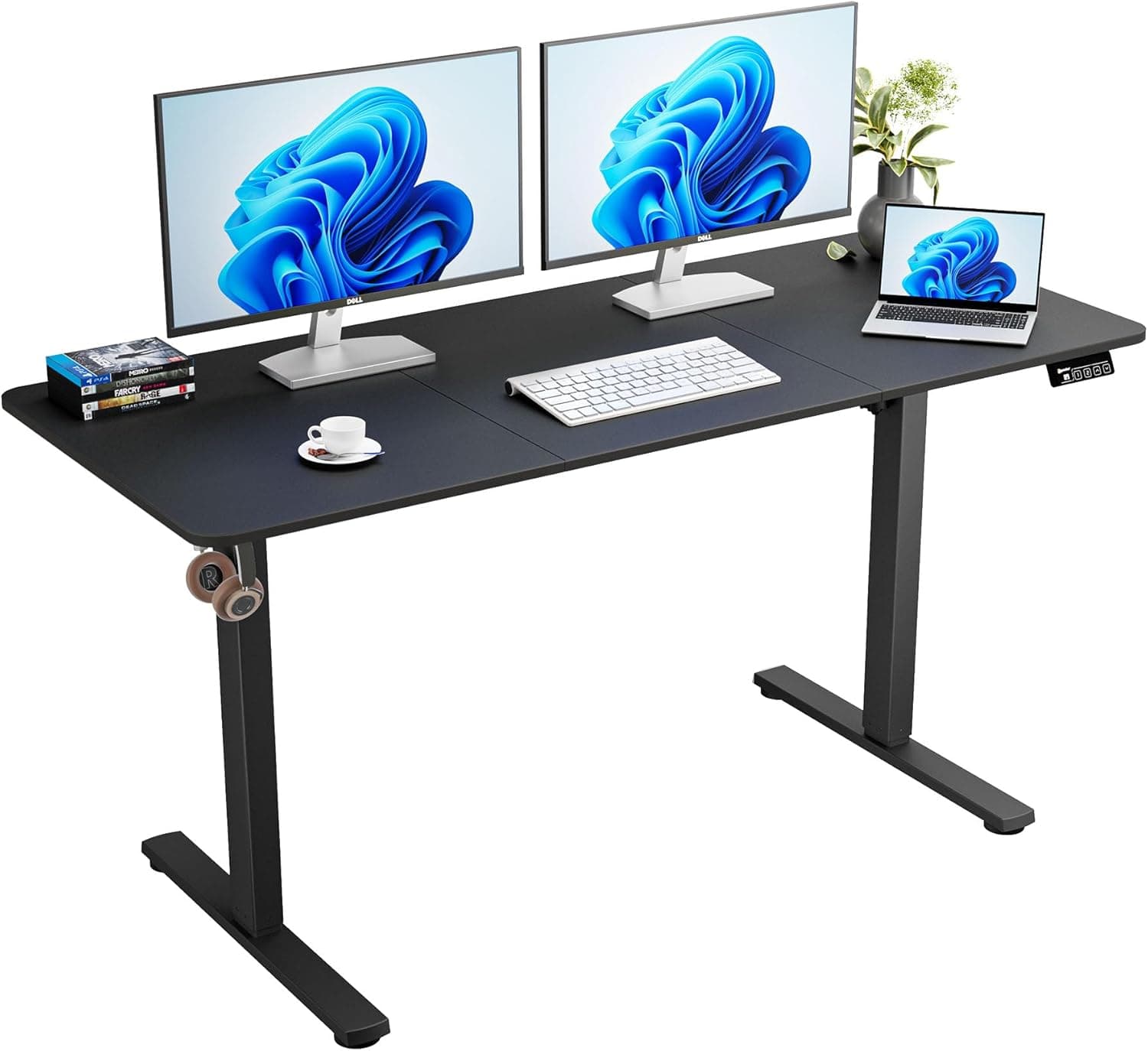 ERGOMAKER Mesa elétrica regulável em altura 140 x 60 cm (55,1 x 23,6 polegadas), mesa regulável em altura com placa de junção (moldura preta placa preta)
