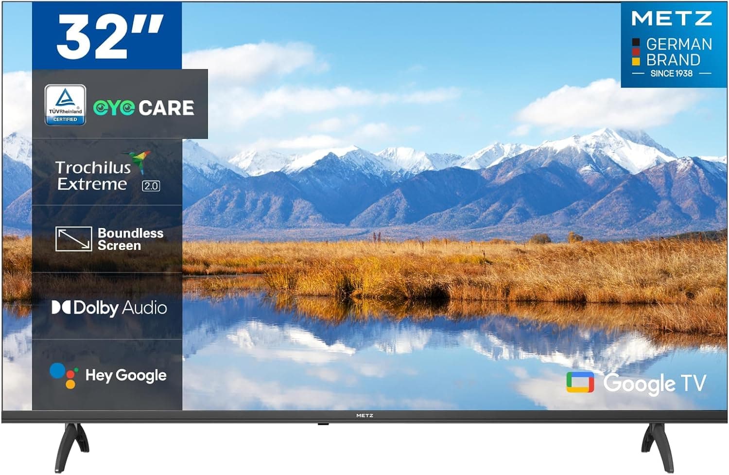 METZ 32" MTE6000 2K Smart Google TV com áudio Dolby, HDR 10 e Trochilus Extreme 2.0 integrados, controlo remoto por voz, funções de cuidado com os olhos, DVB C/-T/T2-S/S2, Ci, HDMI, USB