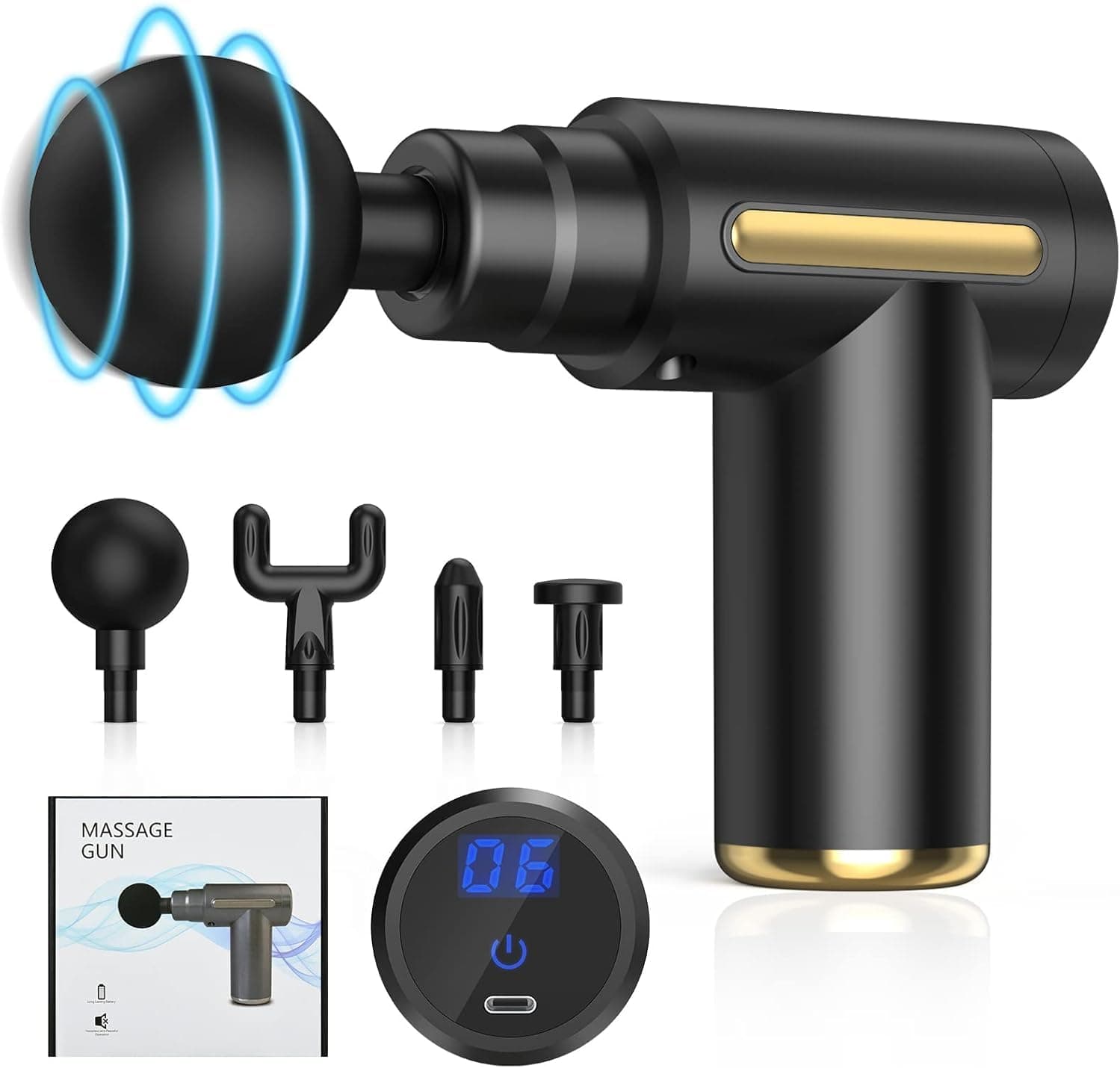 Pistola de massagem muscular, pistola de massagem, massajador de 6 velocidades, massajador muscular profundo de 10 mm com 4 cabeças de massagem e ecrã tátil LED para relaxamento muscular (preto)
