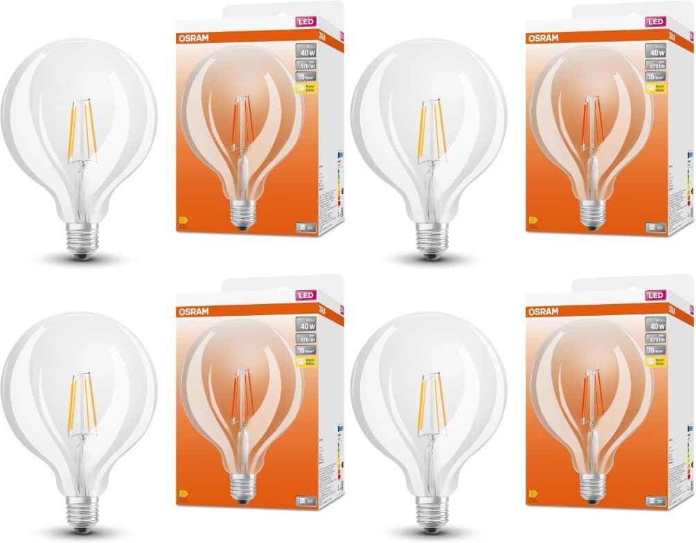 OSRAM Candeeiro LED Star Globe125 de para tomada E27, forma de globo, FIL, 470 lúmenes, branco quente (2700k), substituição de lâmpadas convencionais de 40W, não dimmable, 4 embalagens