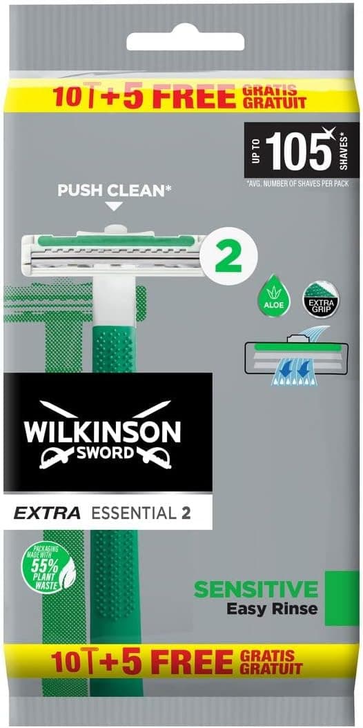 Wilkinson Sword Extra 2 Sensitive - Embalagem de 10 + 5 máquinas de barbear descartáveis, fita lubrificante com vitamina E para evitar irritação da pele - proteção de barbear total