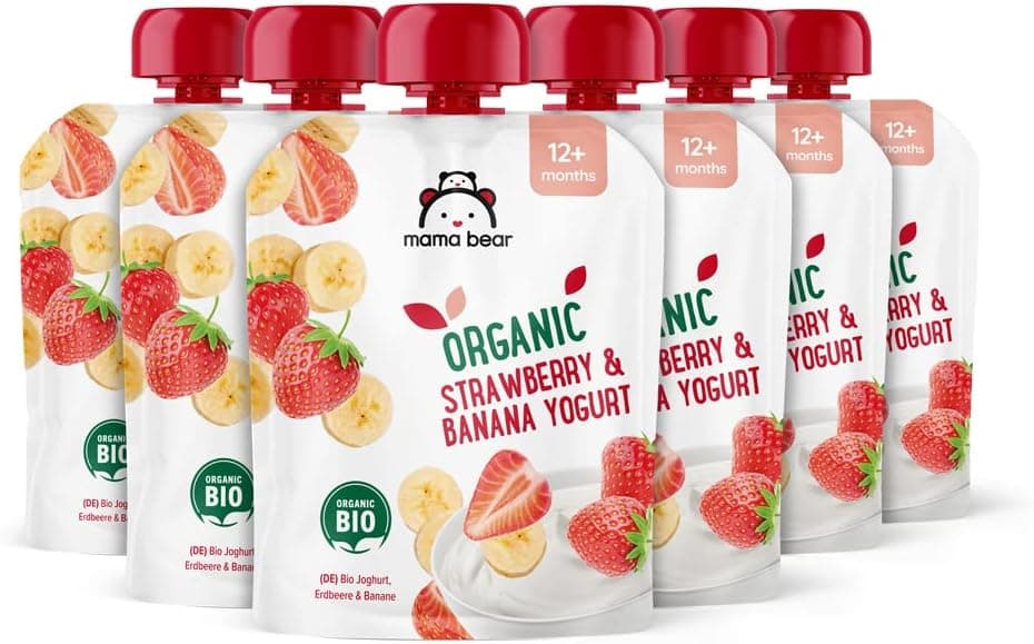 Marca da Amazon - Mama Bear iogurte ecológico com puré de morango, banana e cenoura roxa ecológica, vegetariano, 90 g, pacote de 6