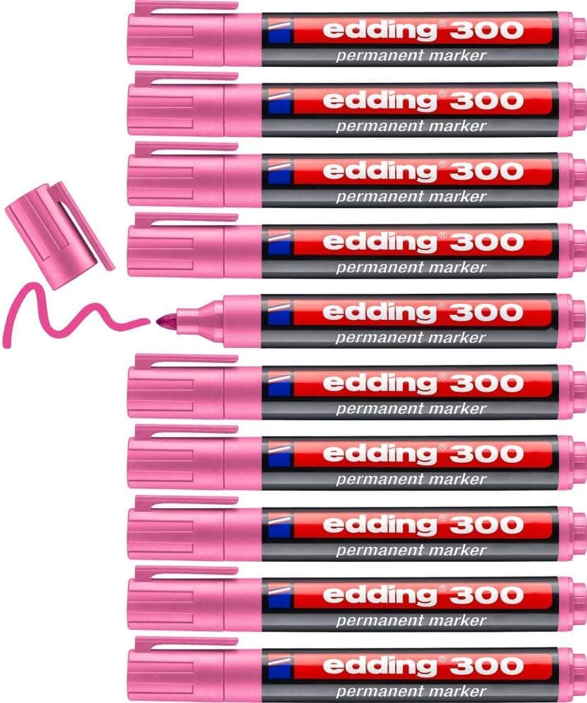 edding 300 Marcador permanente - rosa, 10 canetas de feltro - ponta redonda de 1,5 - 3 mm, impermeável, de secagem rápida, marcadores indeléveis, para cartão, plástico, vidro, madeira, metal