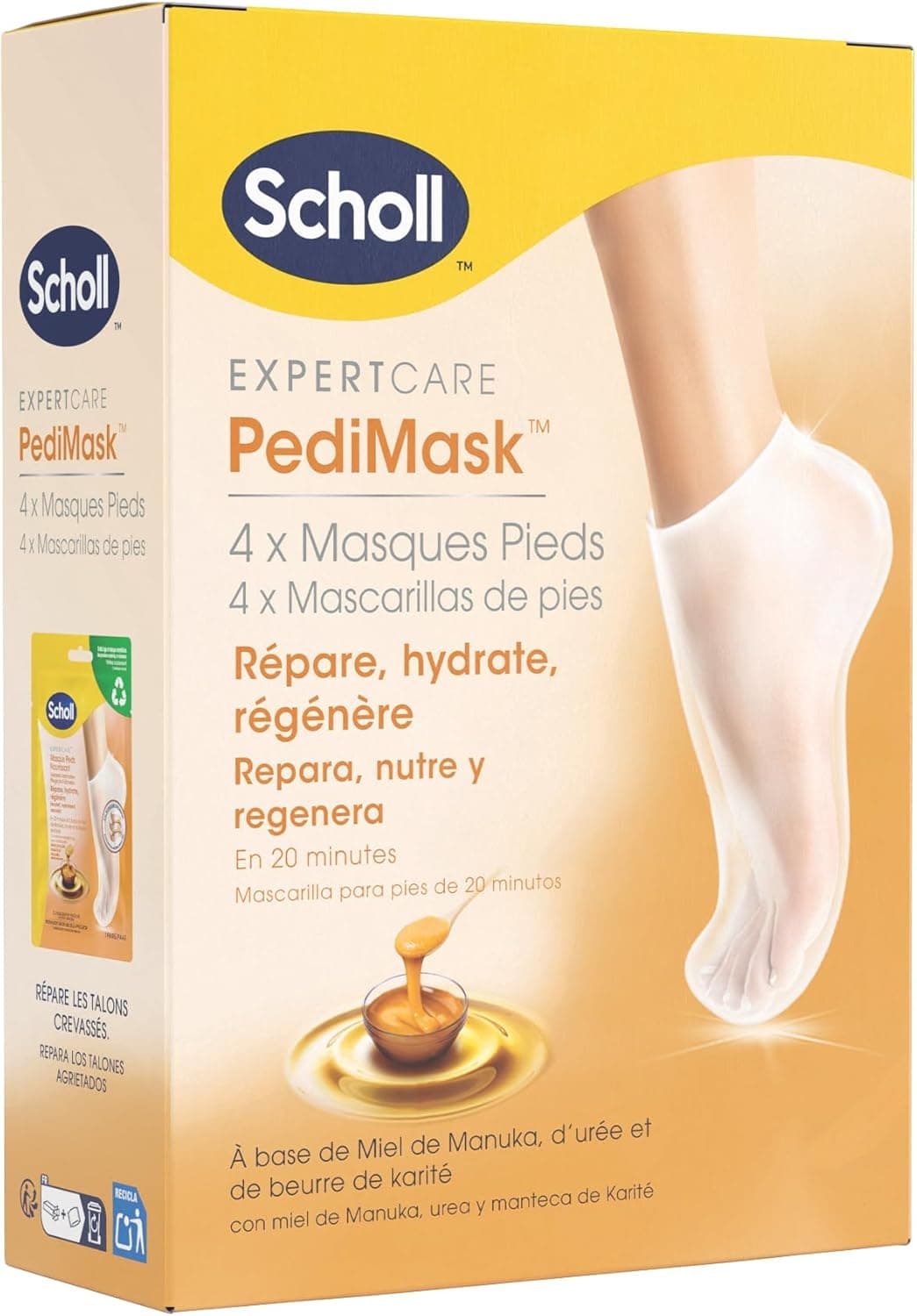 Scholl Máscara para pés ExpertCare - conjunto de 4 pares - Pés mais macios e lisos em 1 uso - Hidratação intensa com mel de Manuka, uréia e manteiga de carité - Hidrata e repara a pele seca