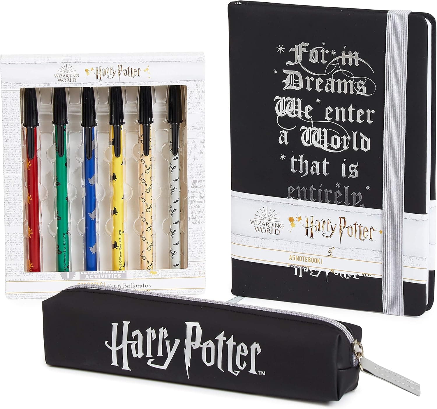 Harry Potter Material escolar e papelaria bonita com estojo escolar canetas e caderno, acessórios oficiais (preto)