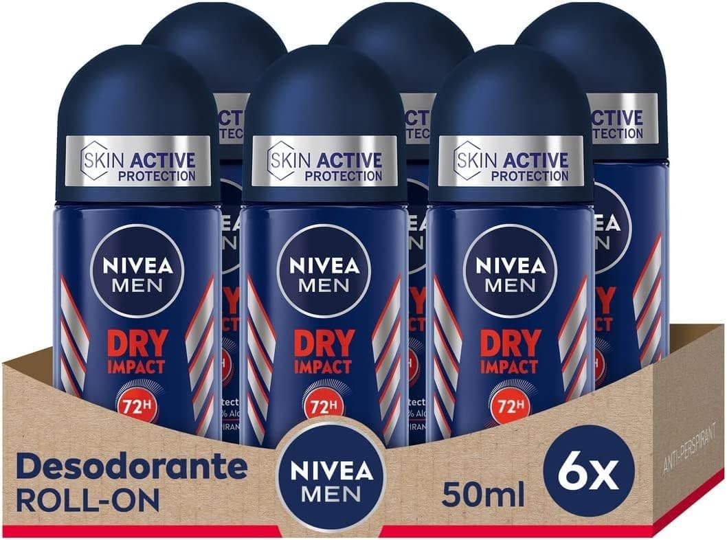 NIVEA MEN Dry Impact Roll-on em embalagem de 6 (6 x 50 ml), desodorizante antitranspirante com proteção 48 h, cuidado masculino testado na vida real