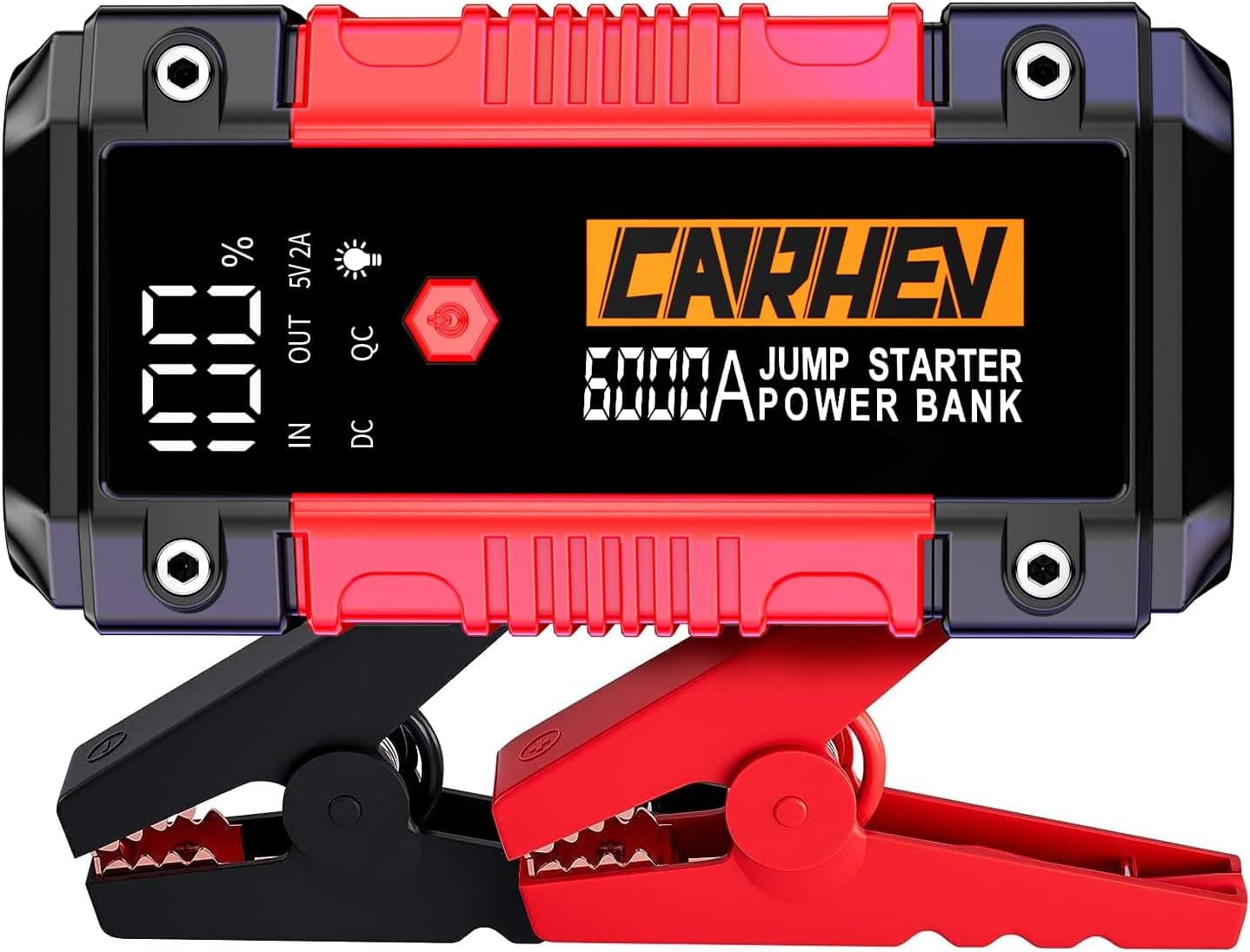 CARHEV Arrancador de carros 6000A, 26800 mAh iniciador de baterias de carros (para 10,0 l de gasolina ou 10,0 l de diesel) 12 V portátil Jump Starter com lanterna LED, clipes de segurança inteligentes