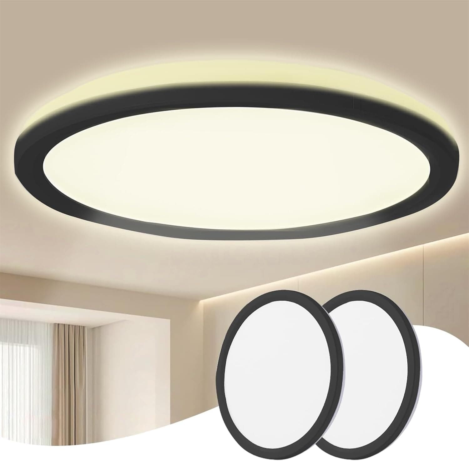 HABOWN Luminária de teto LED 18 W, 1800 LM, redonda, para quarto, cozinha, sala de estar, corredor, garagem, preta, pacote com 2
