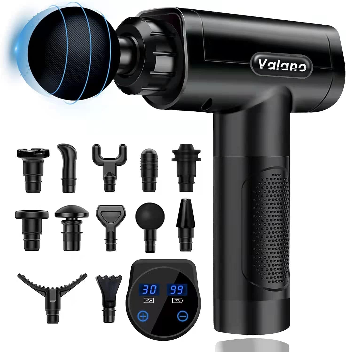 Pistola de massagem de tecido profundo, percussão massajador muscular com 30 velocidades ajustáveis, silencioso Massager Handheld para o pescoço voltar relaxamento, ecrã táctil LCD com 12 chefes