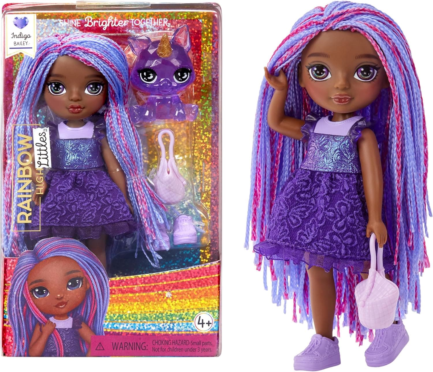 RAINBOW HIGH Littles - Indigo Bailey - Boneca de moda pequena e articulável - boneca roxa de 14 cm com bolsa e raposa mágica de animal de estimação - adequada para crianças e colecionadores