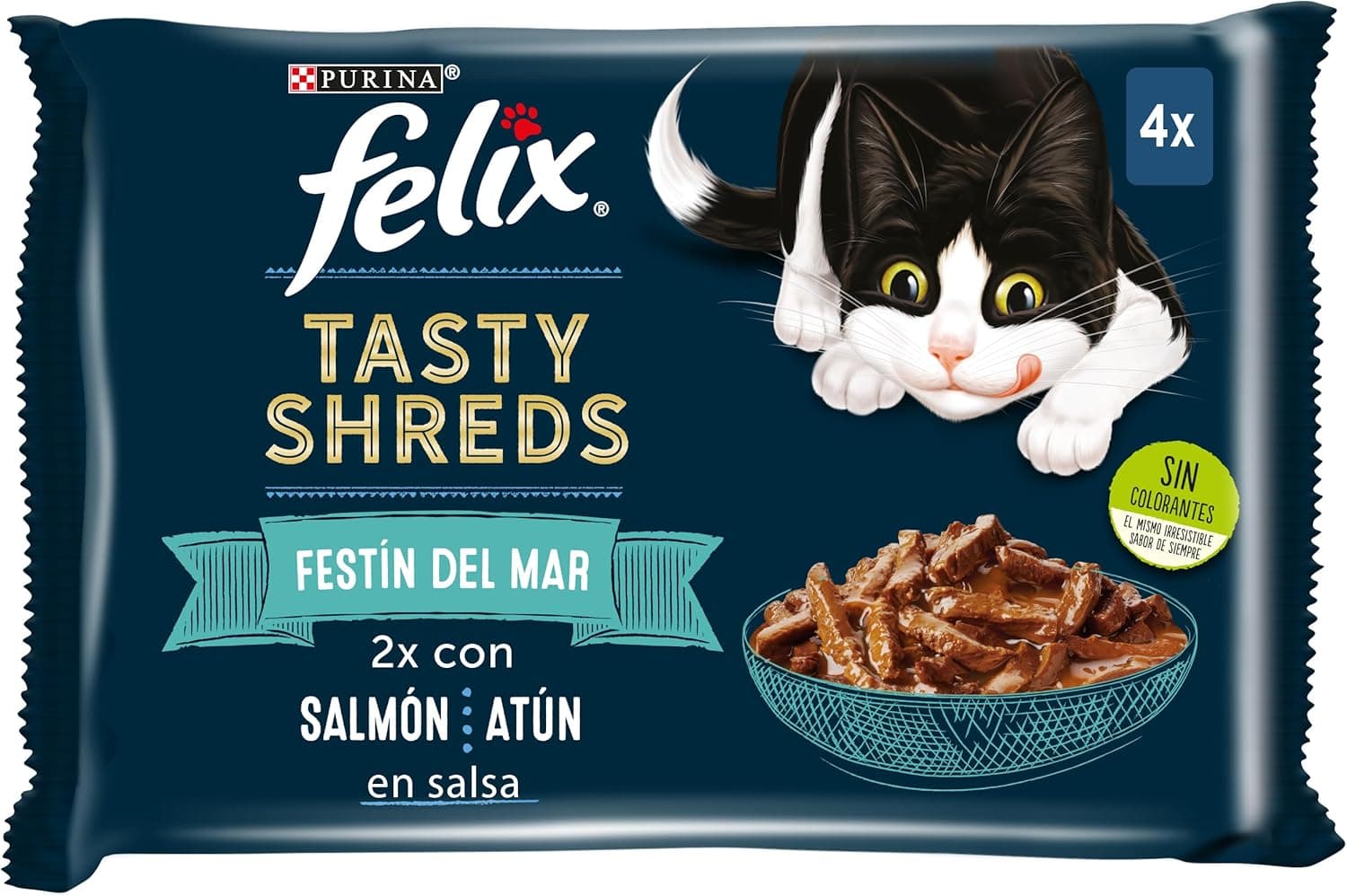 Purina Felix Tasty Shreds comida húmida para gato em molho, pacote de peixes, 12 embalagens de 4 envelopes de 80 g - 48 envelopes