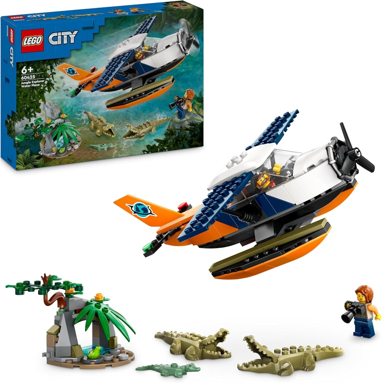LEGO City Exploradores da selva: Hidroavião, hidroplano avião de brinquedo, presente para meninos e meninas de 6 anos ou mais, 2 minifiguras, figura animal de rã e 3 crocodilos 60425