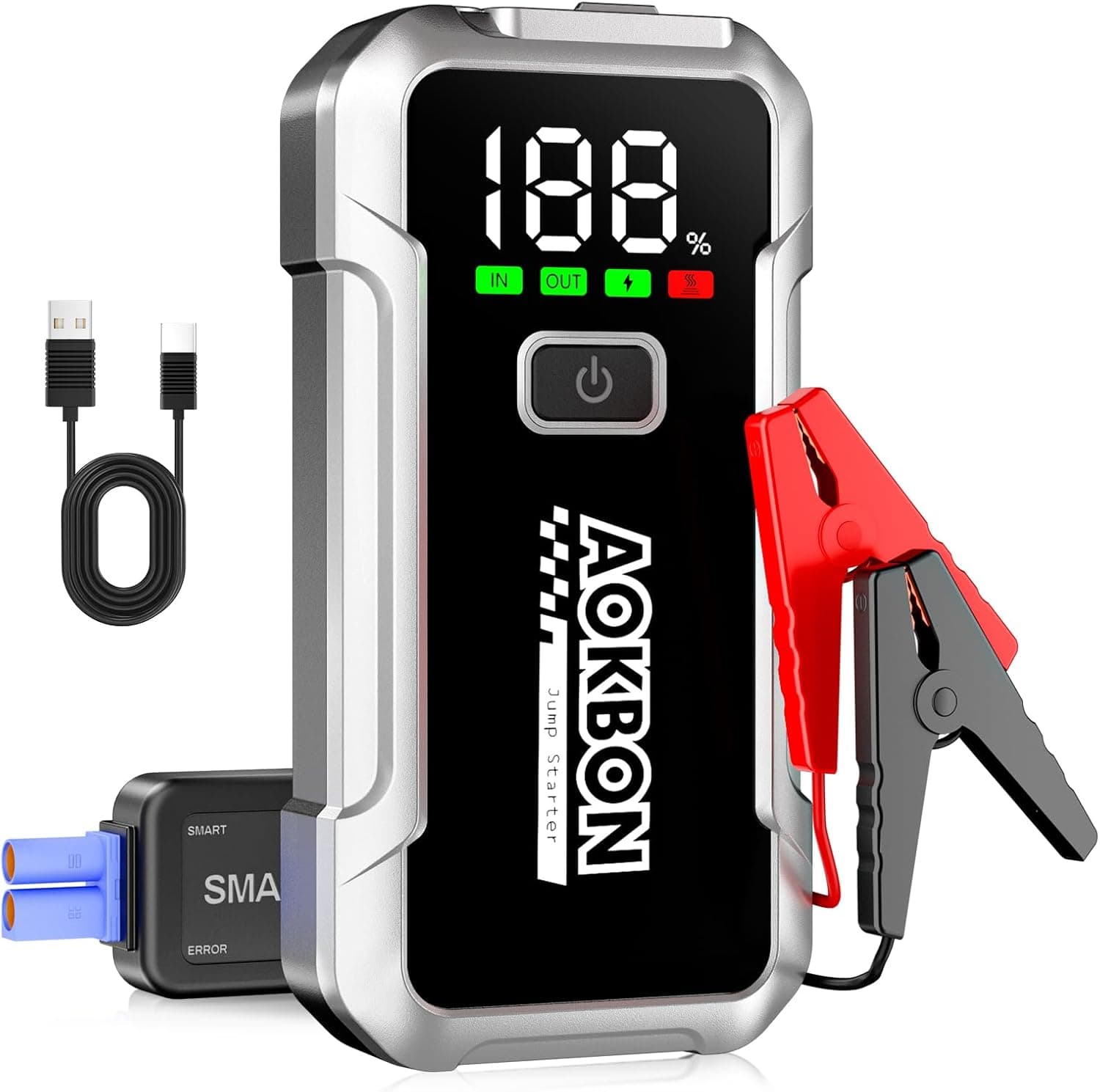 AOKBON Arrancador de bateria 4000A 12 V iniciador de carros 16800 mAh para 10 l de gasolina ou 9 L de diesel Booster com Booster ecrã LCD grandes clipes de segurança carregamento USB e luz LED
