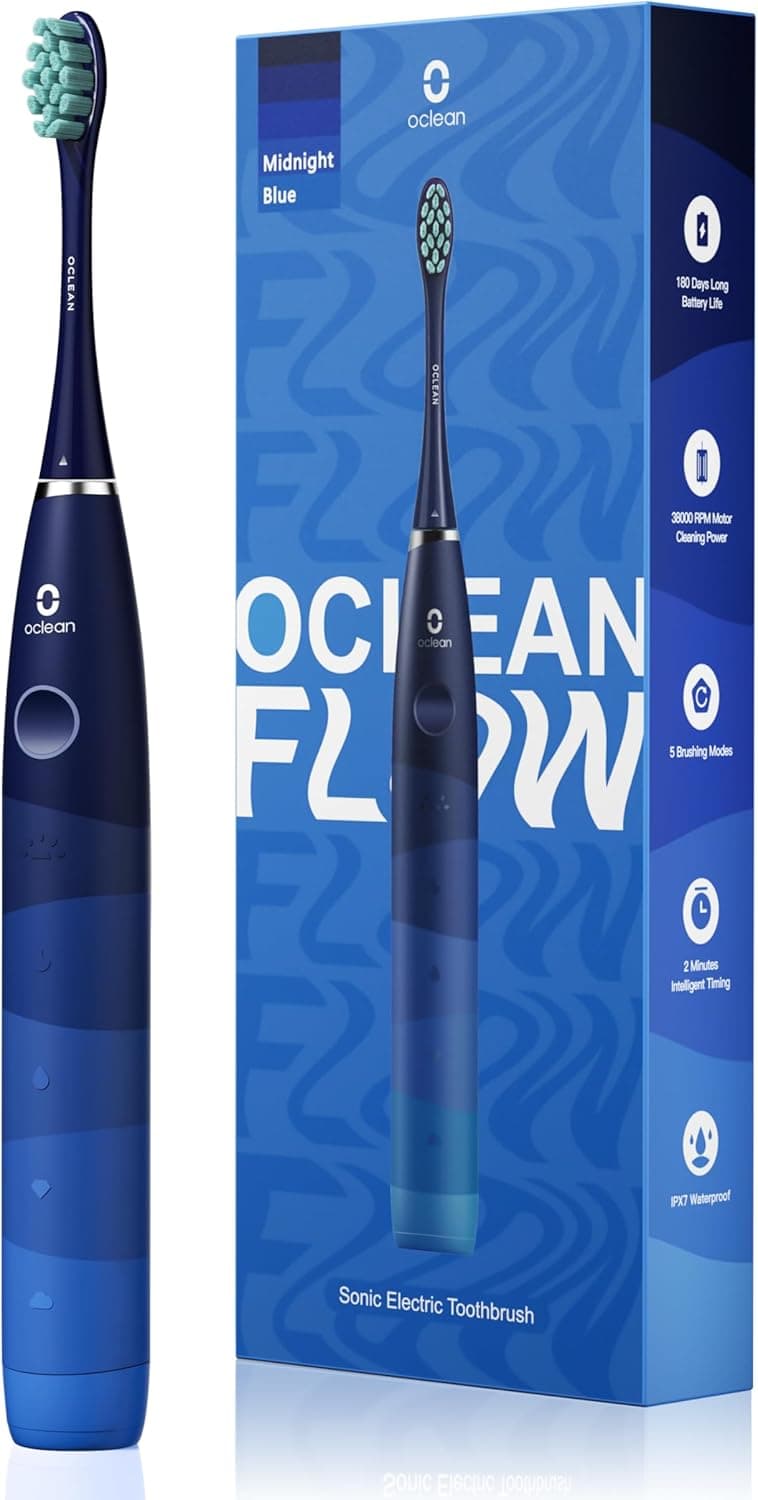 Escova de dentes elétrica sónica Oclean Flow, 180 dias de duração, 76000 movimentos por minuto, 5 modos, IPX7 impermeável e temporizador, cabeça de escova DuPont™, azul
