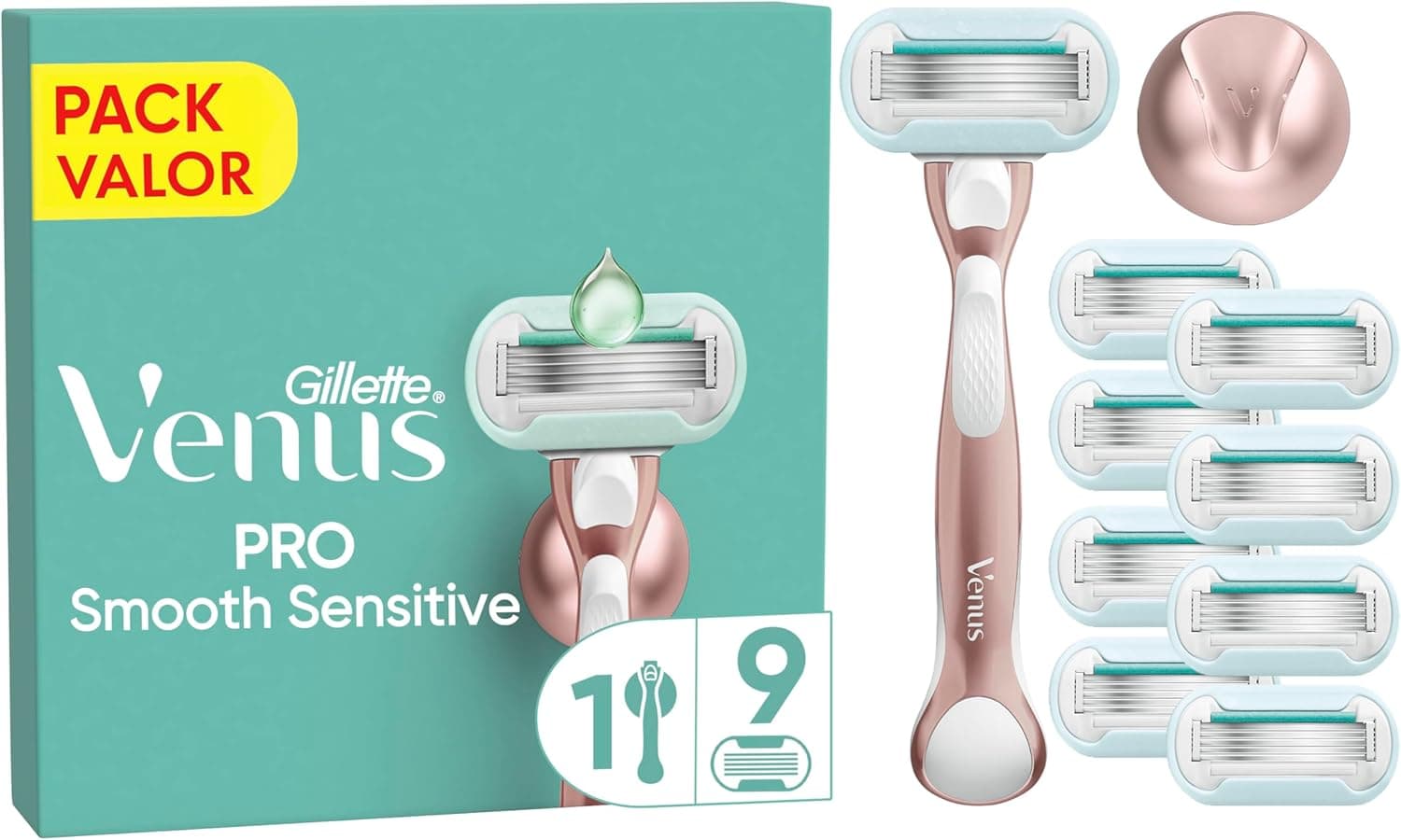 Venus Gillette Pro Smooth Sensitive Máquina de depilação de mulher para peles sensíveis com substituições, 1 cabo de metal, 9 lâminas de substituição e suporte para o duche