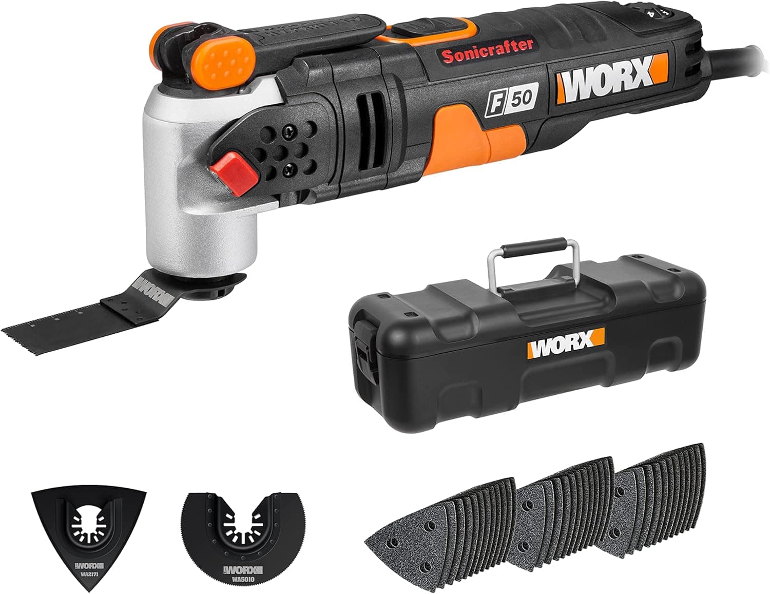 Multiferramenta Sonicrafter 450W F50 WORX | WX681 | Velocidade variável, sistema Hyperlock | Âncora universal, conjunto de 39 acessórios e pasta, 5 graus de oscilação