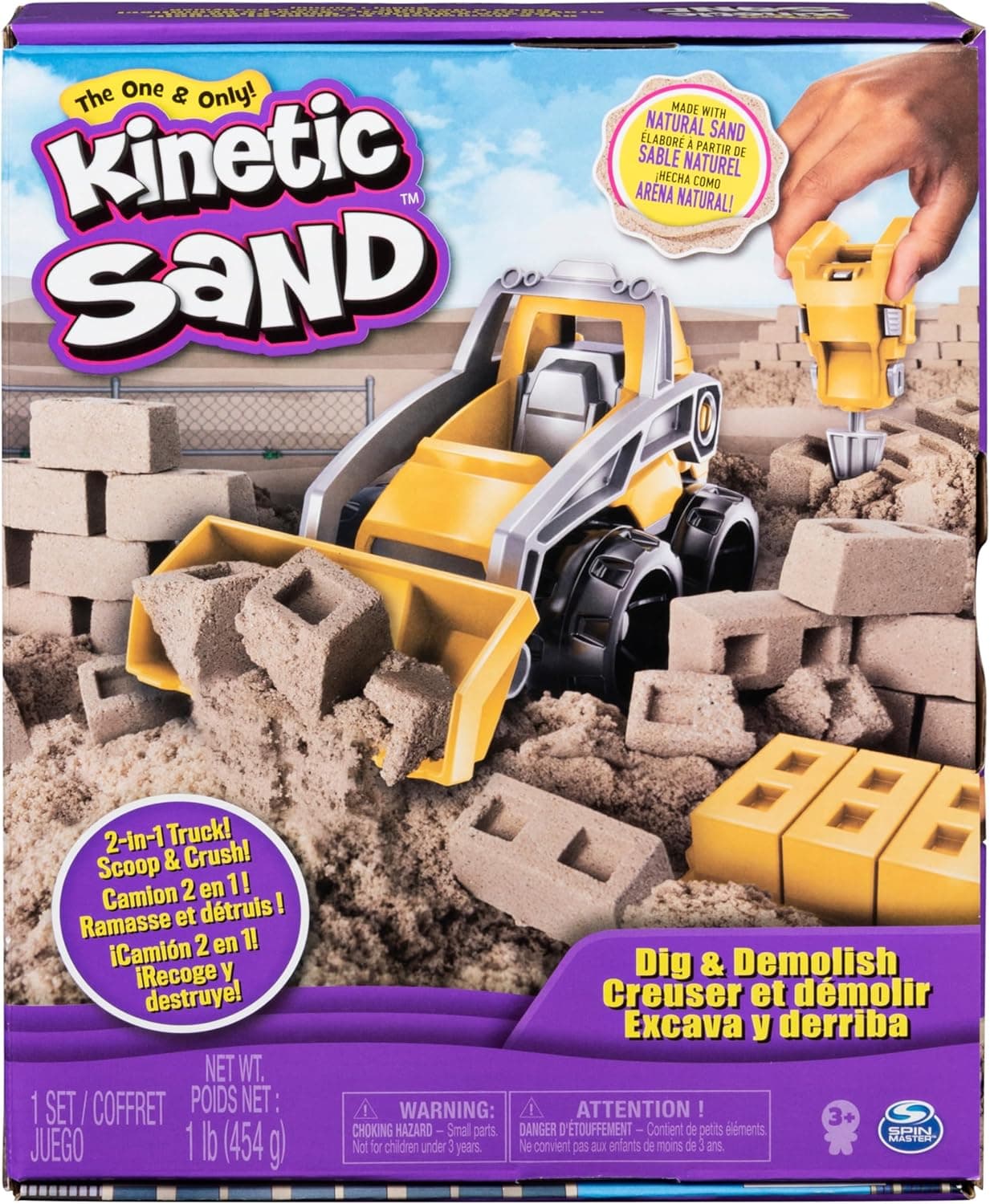 Kinetic Sand Areia mágica - Escavar e derrubar 454 g de areia mágica, 1 camião de construção e 4 ferramentas para misturar, moldar e criar kit artesanato crianças 6044178 brinquedos crianças 3 anos +