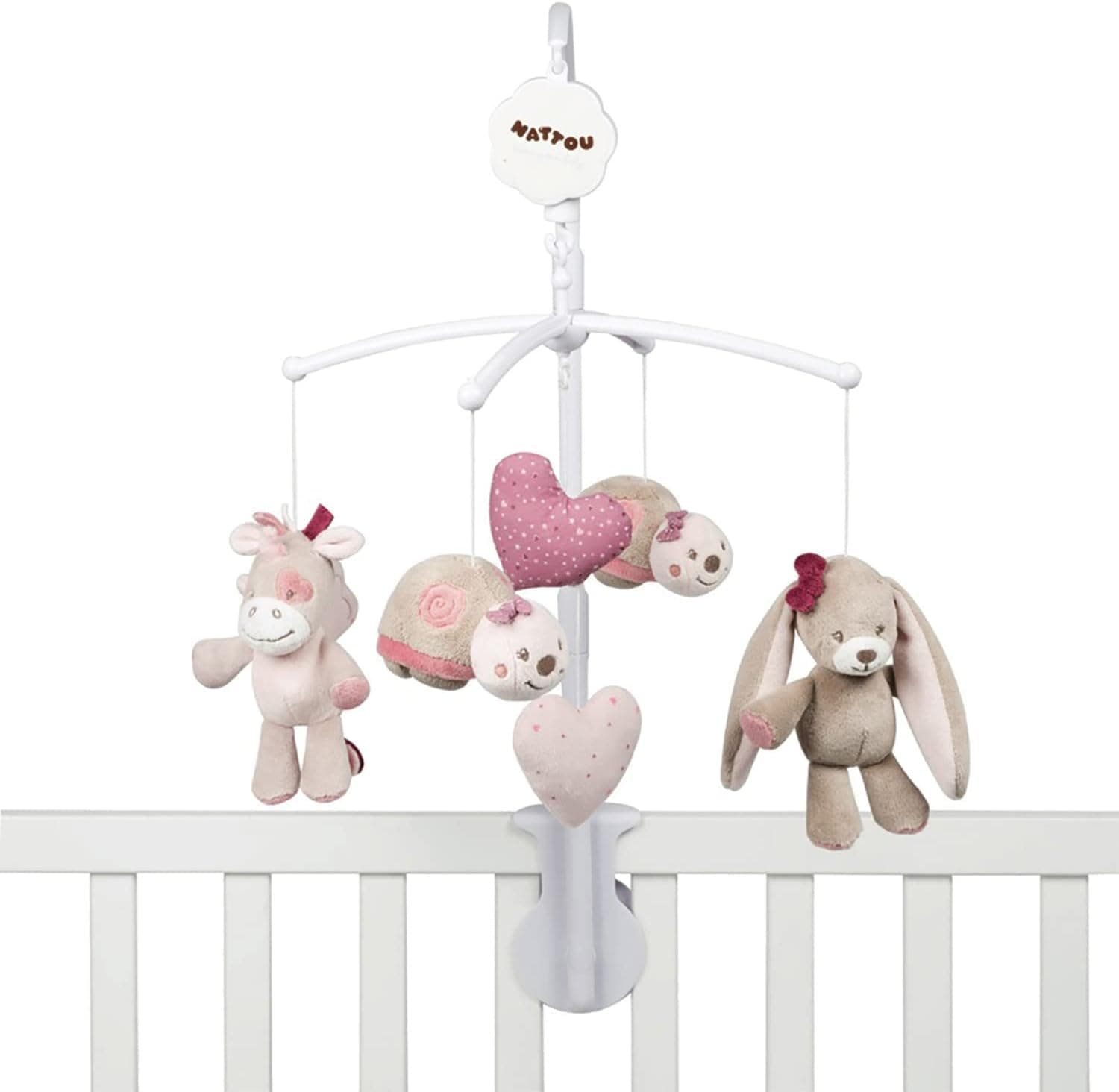 Nattou Caixa de música Nina, Jade e Lili, suave canção de ninar «La-Lu», 48 x 7 x 15 cm, bege, rosa e branco