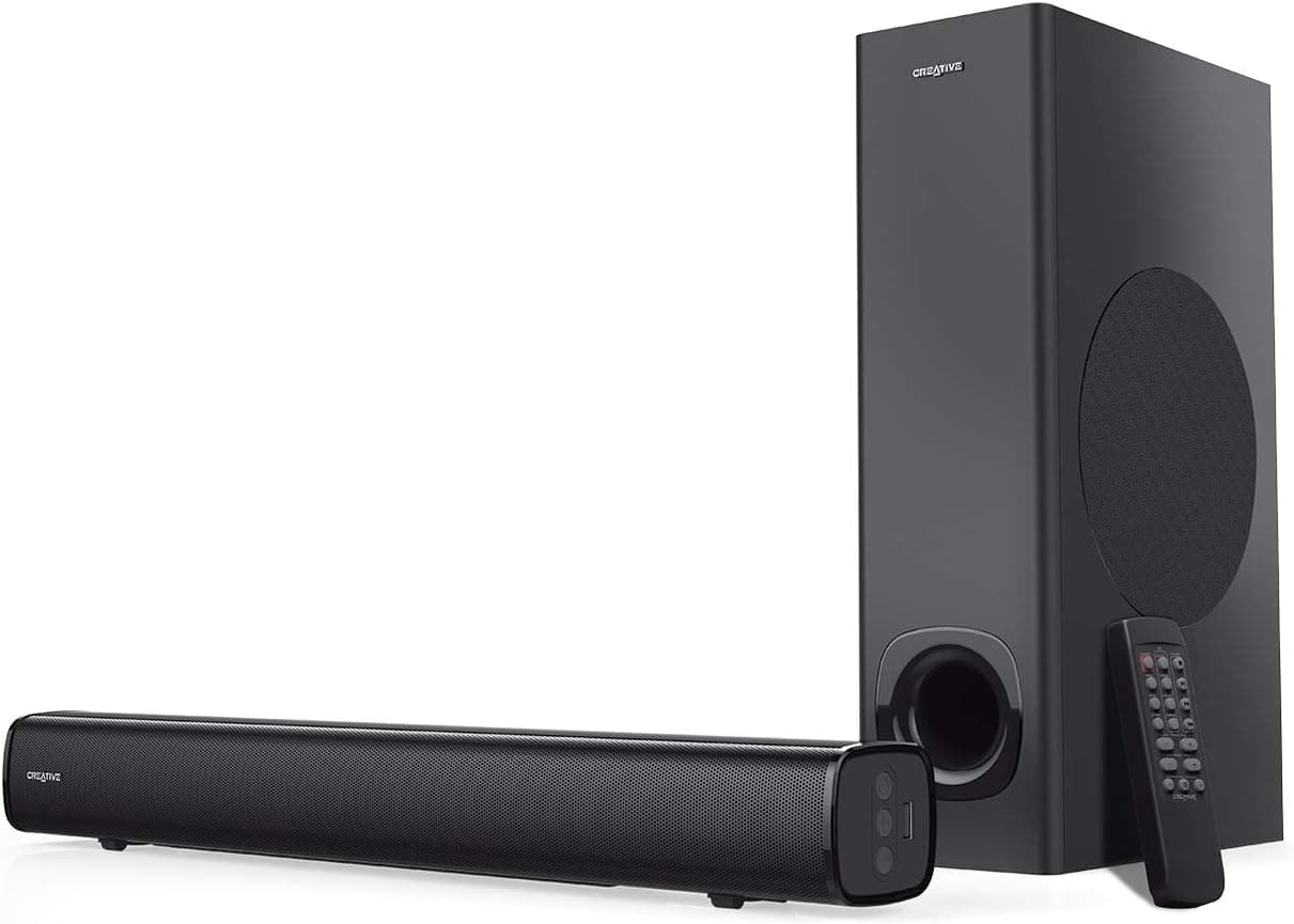Creative Stage 2.1 - Barra de som com subwoofer para TV, computador e ecrã ultralargo, entrada ótica ARC/AUX, controlo remoto e kit de montagem na parede