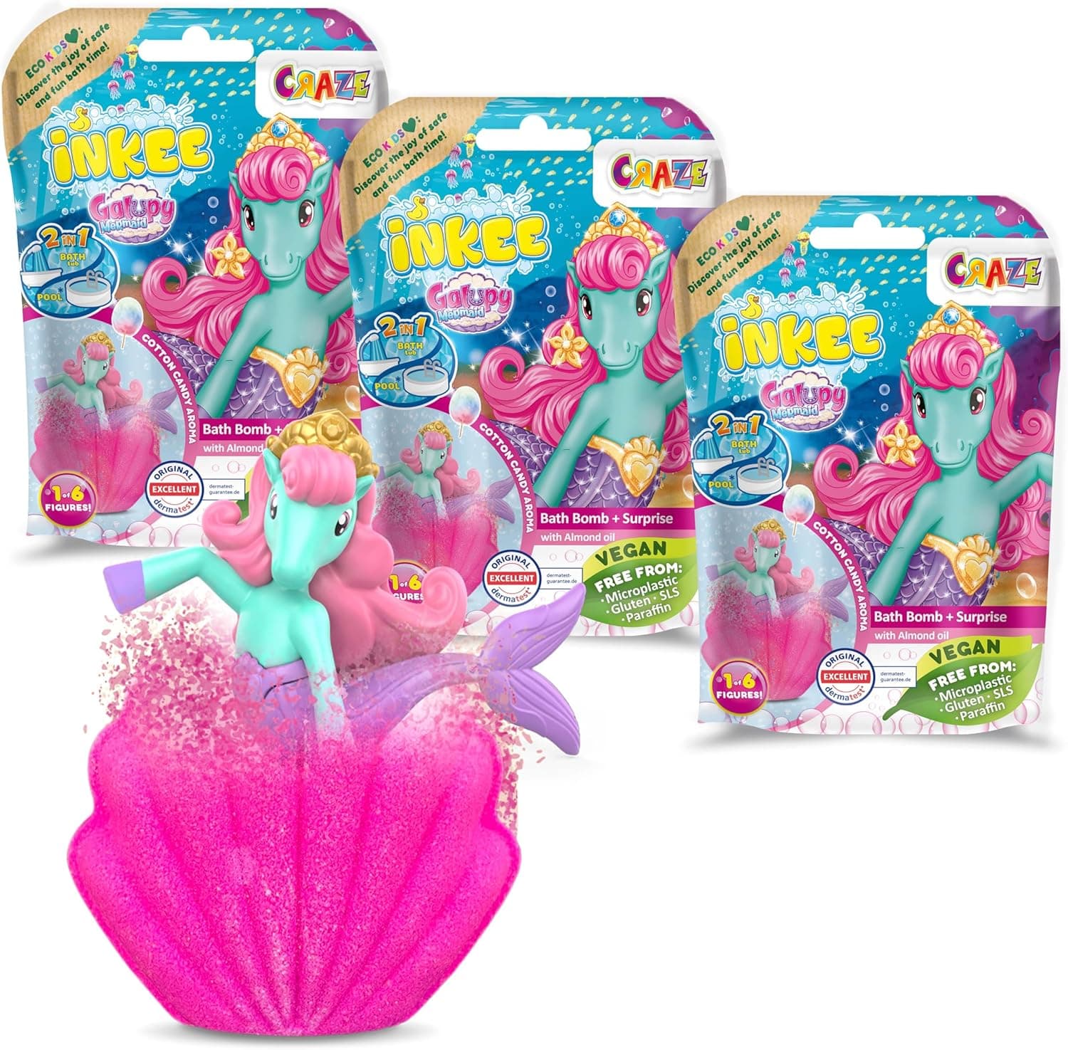 INKEE Galupy Mermaid | Pack de 3 bombas de banho para crianças com figura surpresa e aroma a algodão doce, 100 g cada