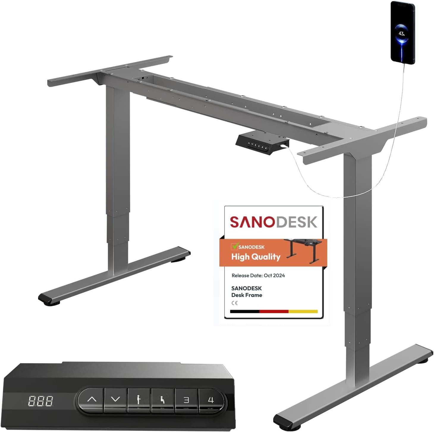 SANODESK 2 Motores com carregador USB EC4 moldura de secretária elétrica elevável, mesa de pé, regulável em altura, função anticolisão (altura 60-125 cm/telescópico 110-168 cm/carregamento 100