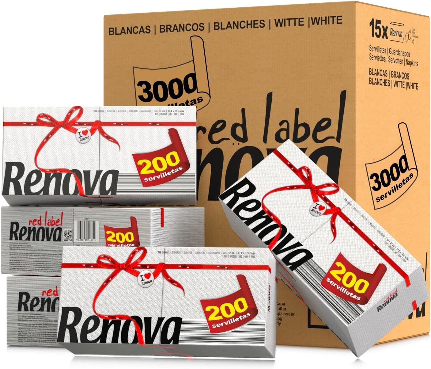 Renova Guardanapos Red Label, 15 embalagens de 200 guardanapos, 3.000 guardanapos no total, papel branco