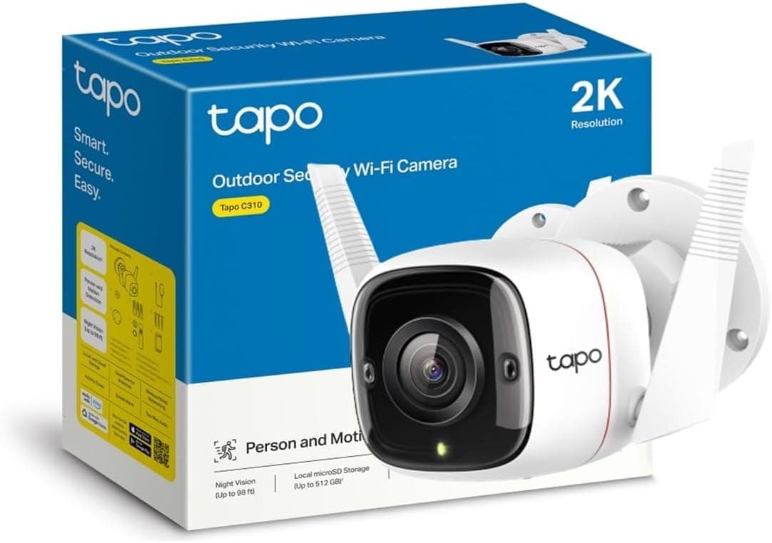 TP-Link TAPO Câmara de vigilância wifi exterior, 3 MP de alta resolução, IP66 à prova de água e poeira, até 30 m visão noturna, detecção de movimento e alarme instantâneo, suporta cartão SD de 128 GB